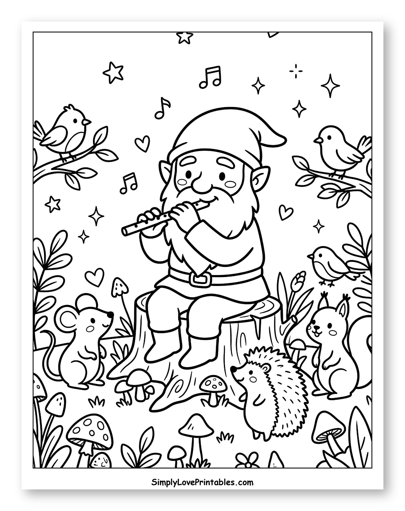 Gnome Playing Flute with Forest Animals Coloring Page for Adults