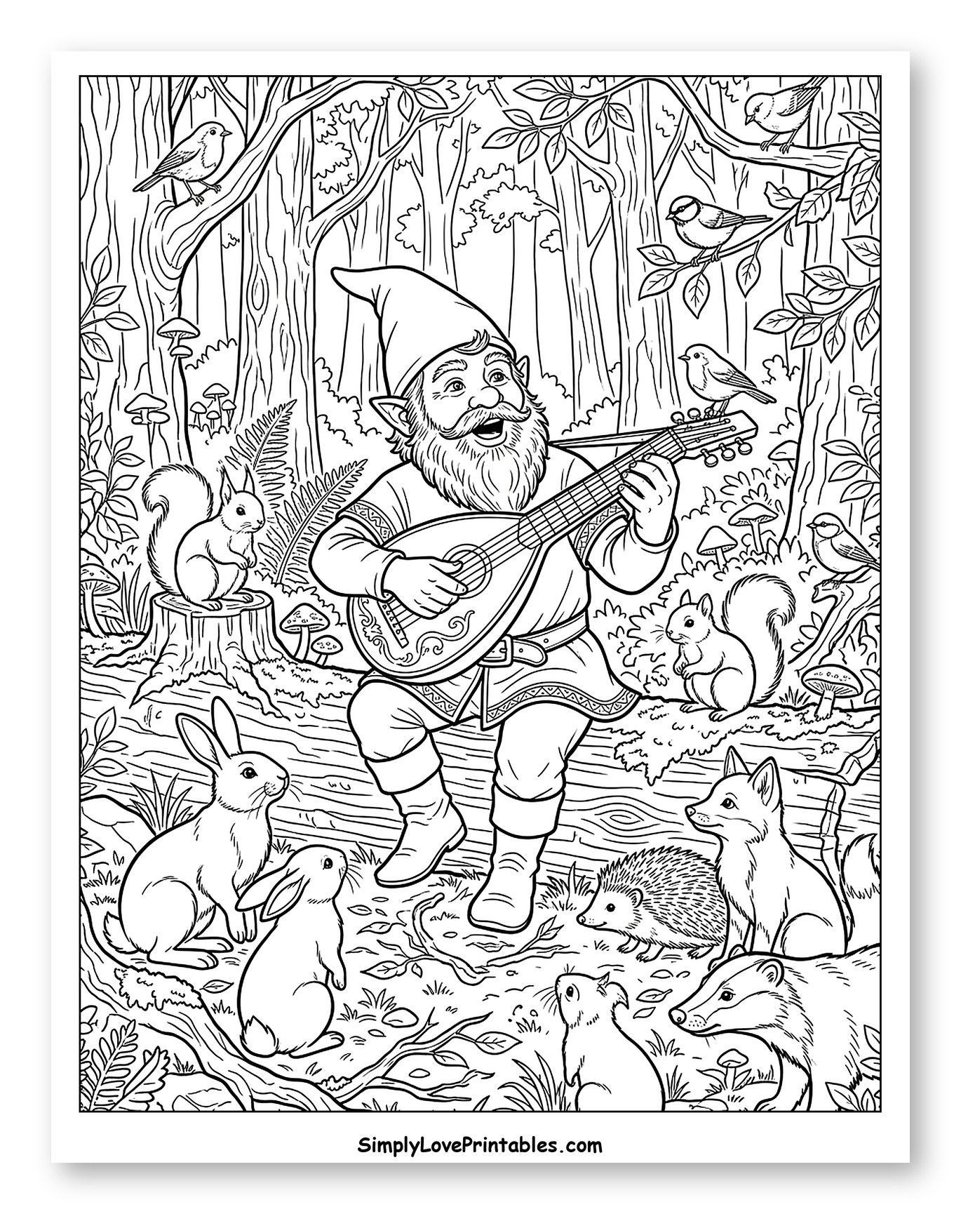 Gnome Playing Music for Forest Animals Coloring Page