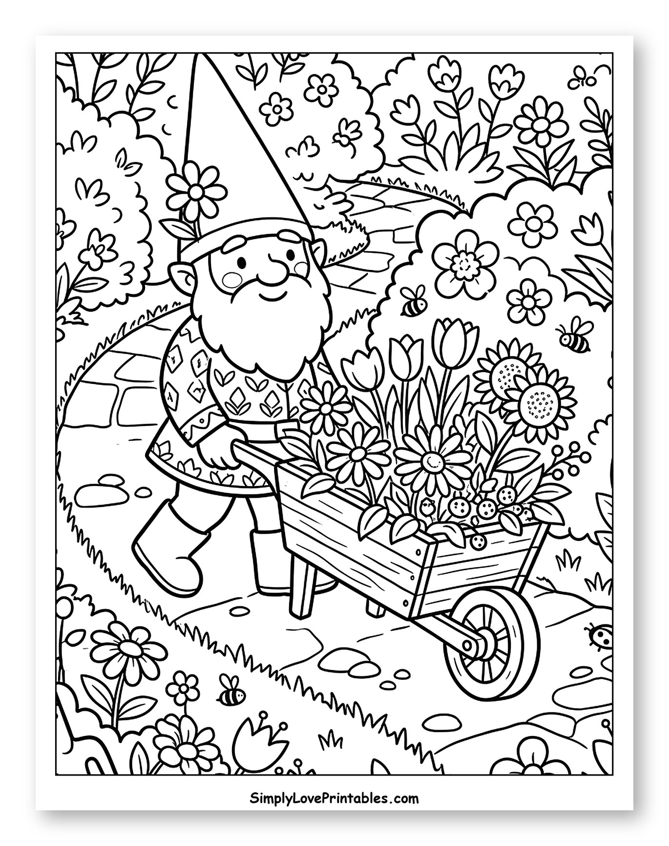 Gnome Pushing a Wheelbarrow Full of Flowers Coloring Page for Kids