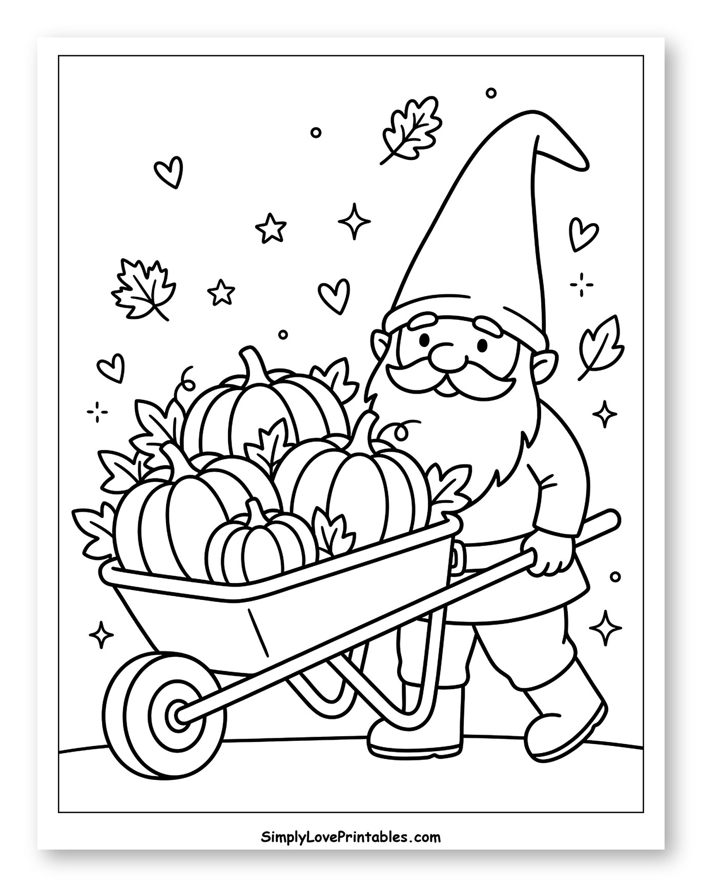 Gnome Pushing Wheelbarrow Full of Pumpkins to Color for Adults