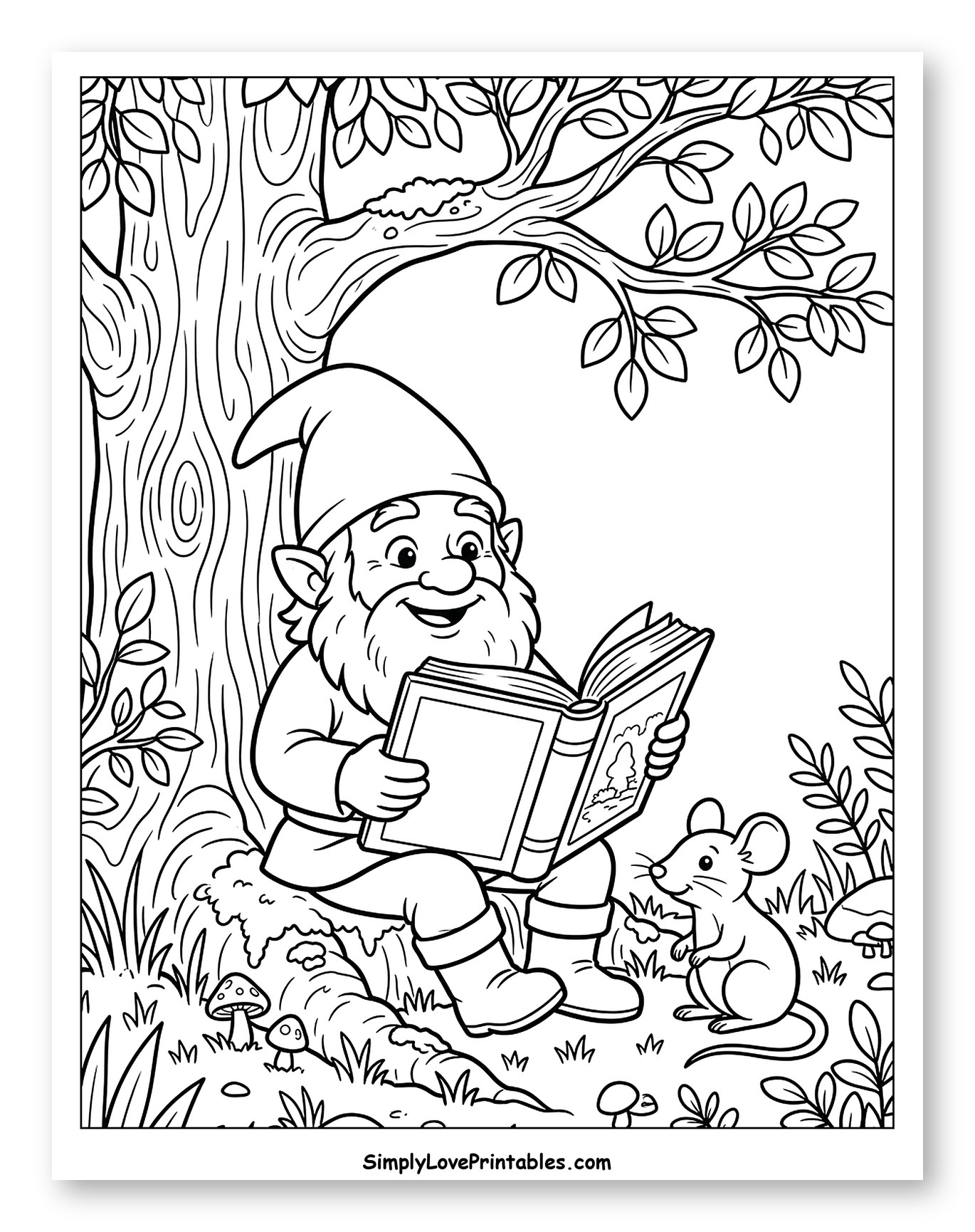 Gnome Reading Book Under a Tree with Mouse to Color for Kids