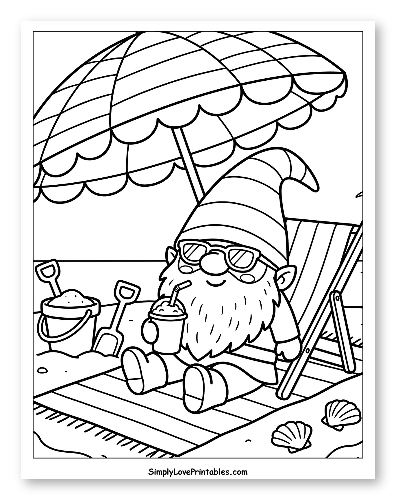 Gnome Relaxing on Beach with Slushie Under Umbrella