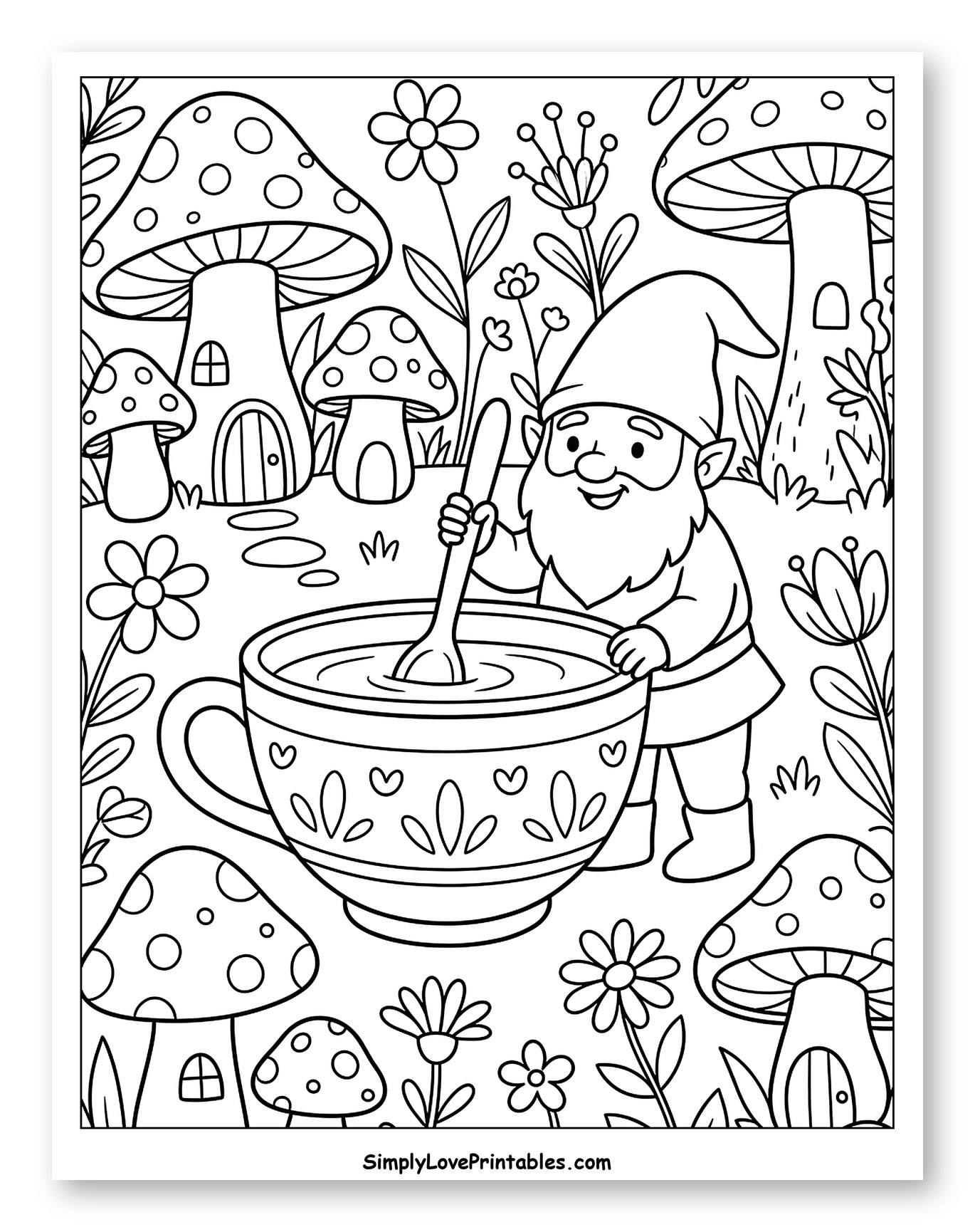 Gnome Stirring Tea in a Mushroom Garden to Color for Kids