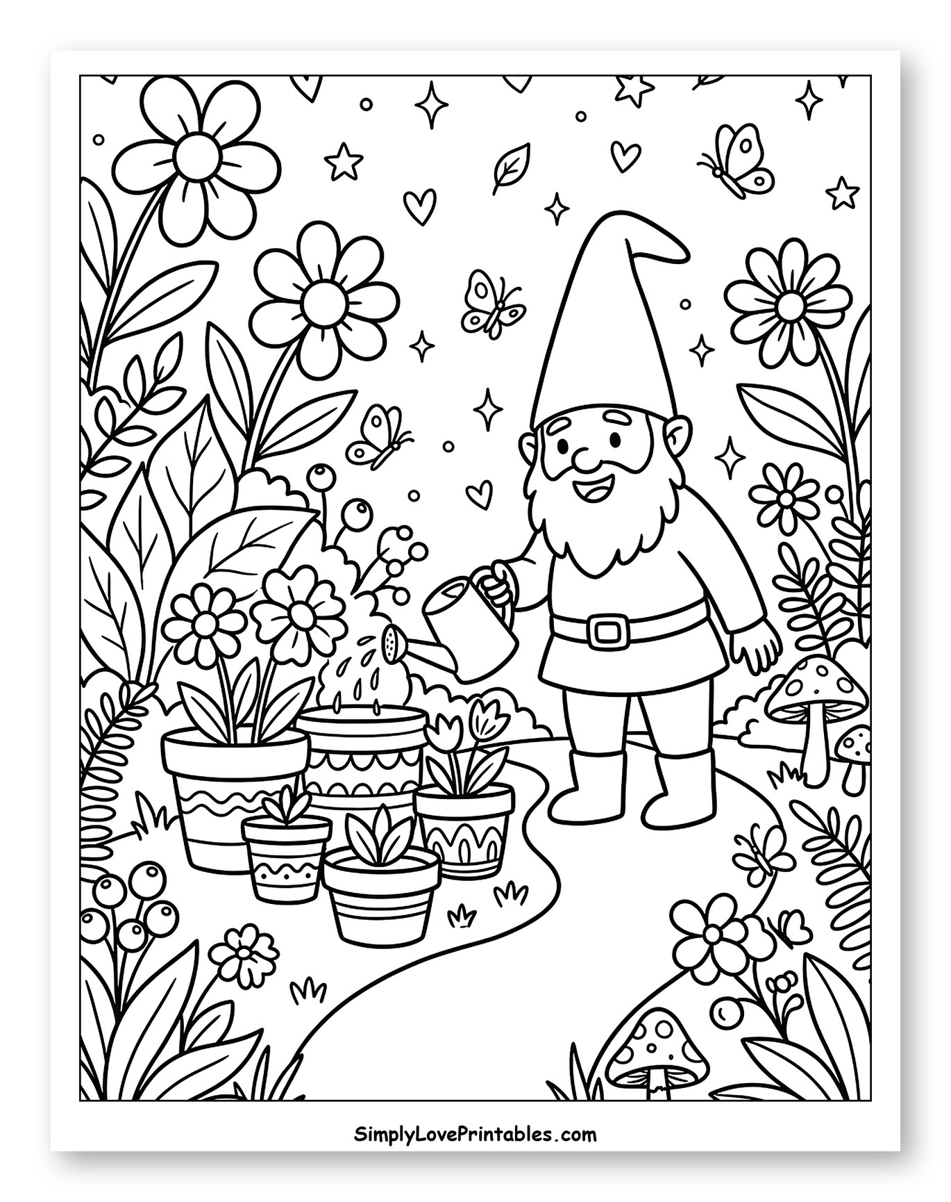 Gnome Watering Potted Flowers in a Garden