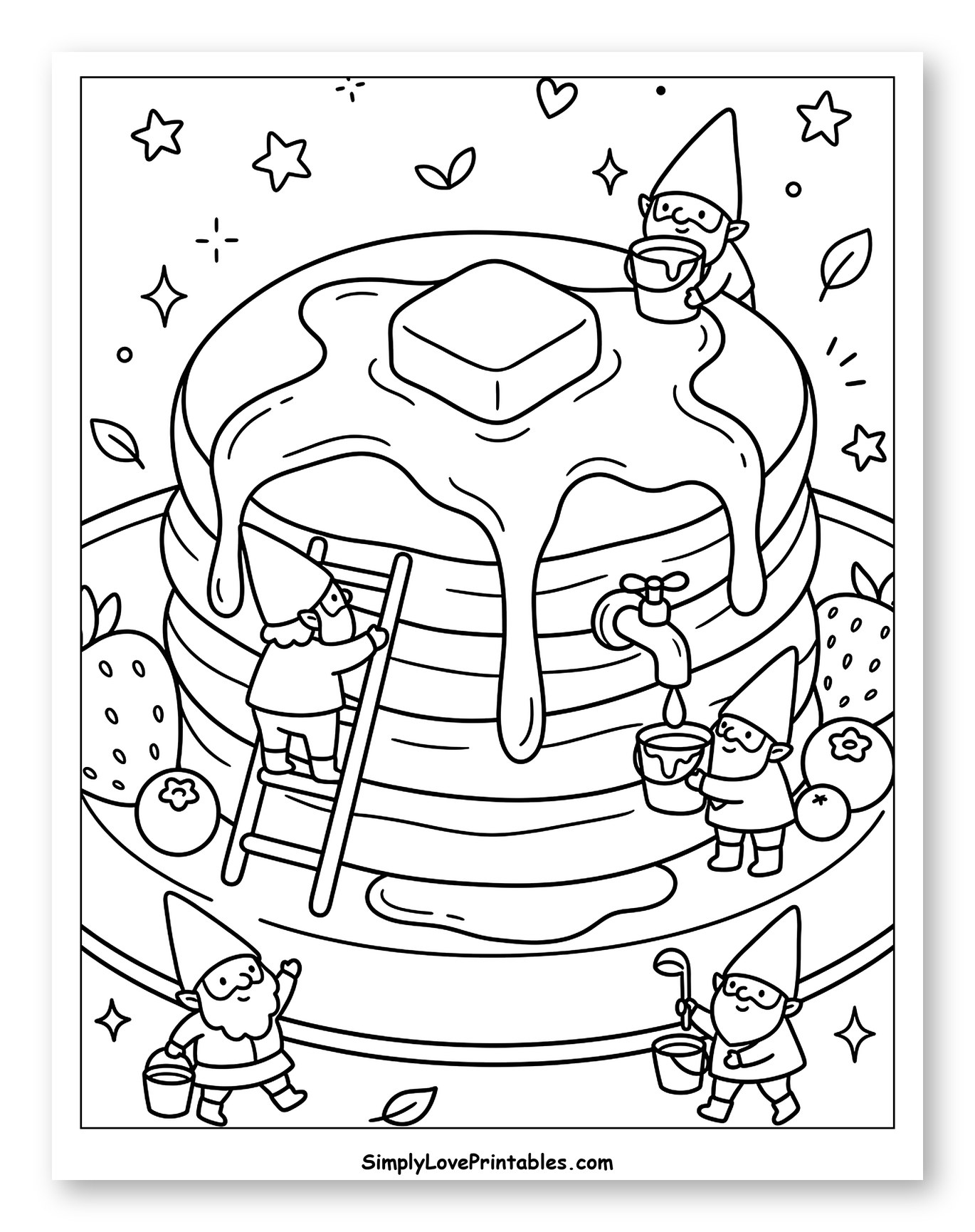 Gnomes Making Pancakes with Syrup and Berries Coloring Page for Adults