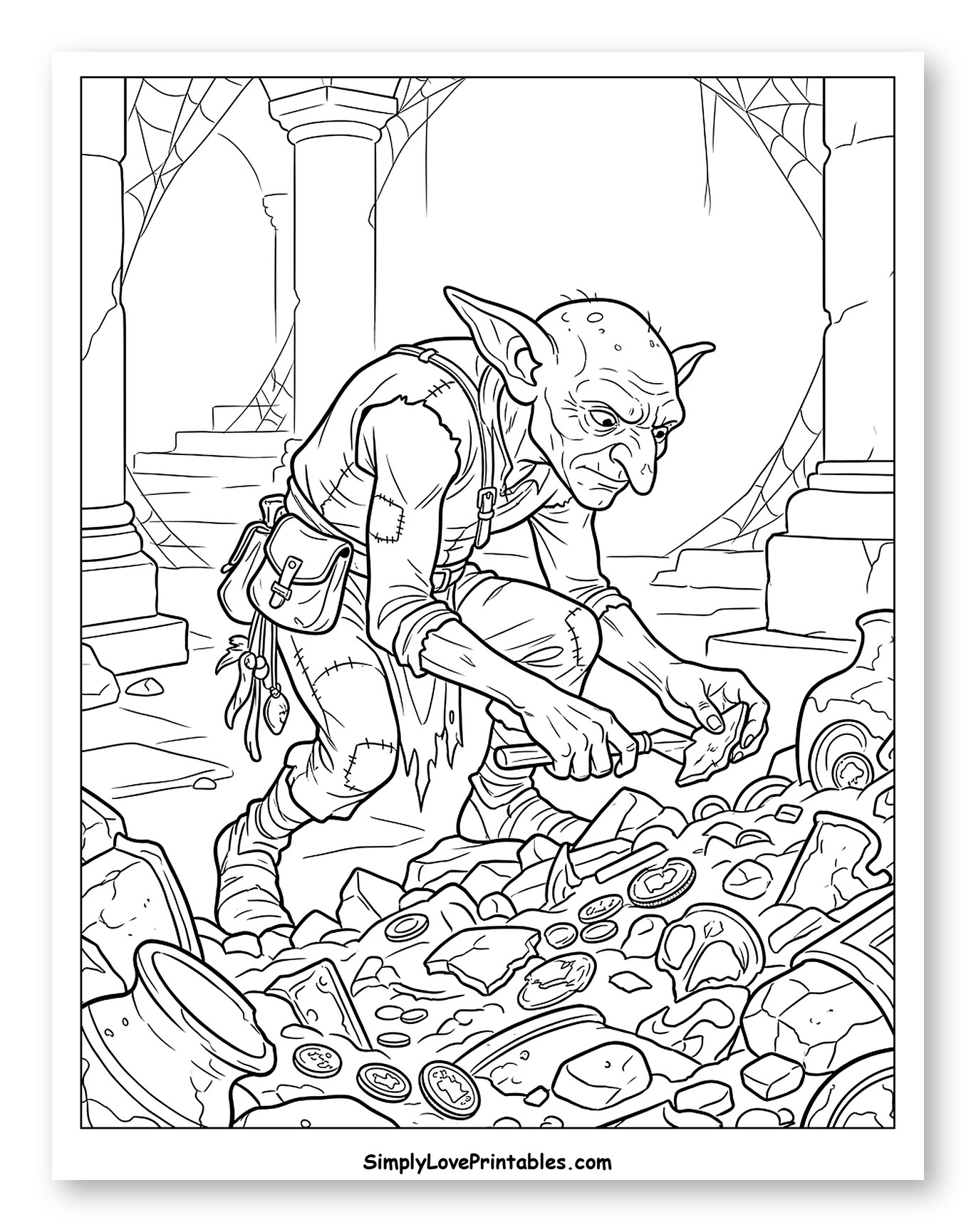 Goblin Digging for Treasure in a Dungeon Coloring Page