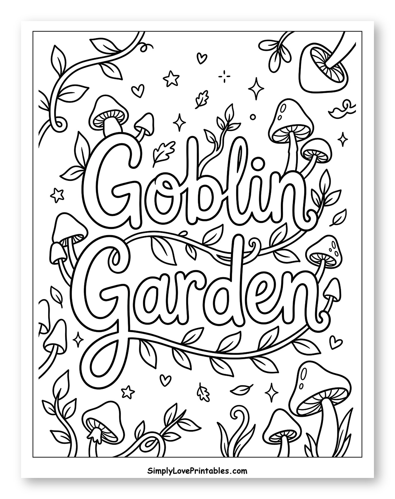 Goblin Garden with Mushrooms and Vines Coloring Page for Adults