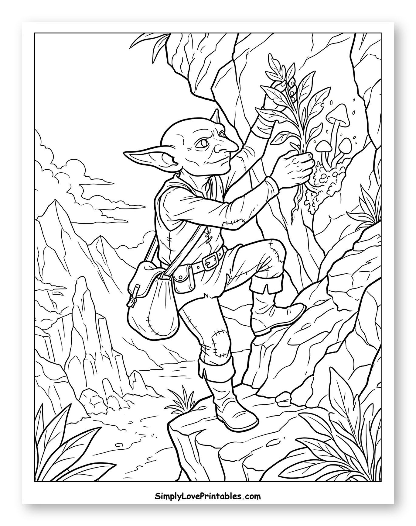 Goblin Gathering Berries on a Mountain Cliff Coloring Page