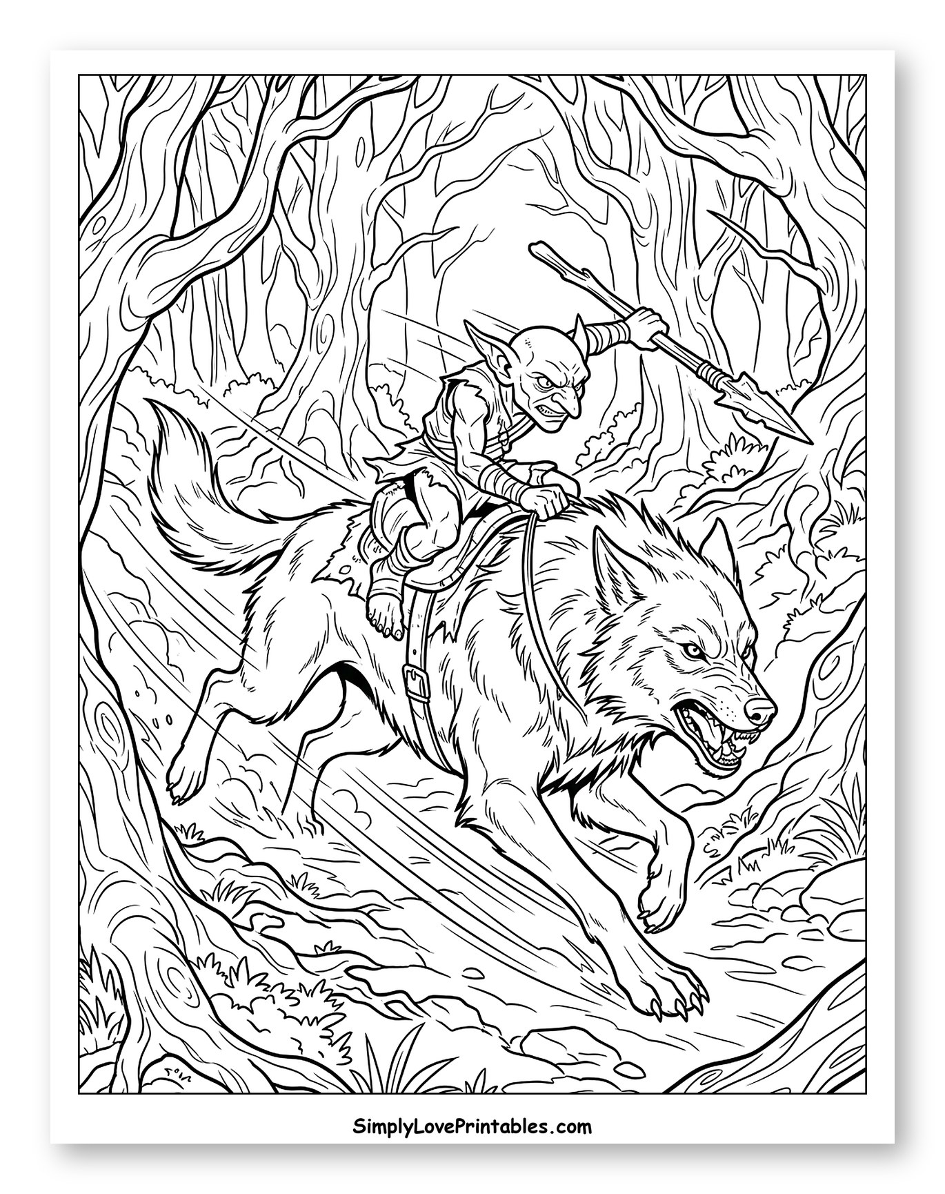 Goblin Riding Wolf Through Forest Coloring Page
