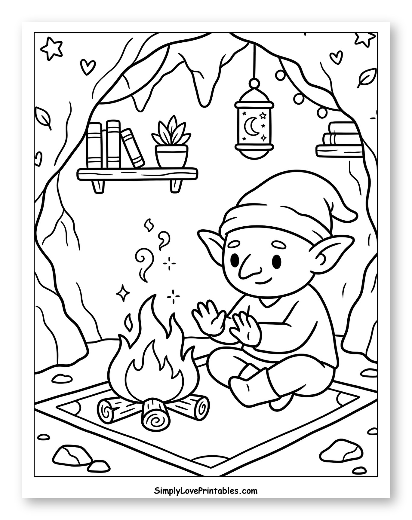 Goblin Warming by Campfire in Cave Coloring Sheet for Adults