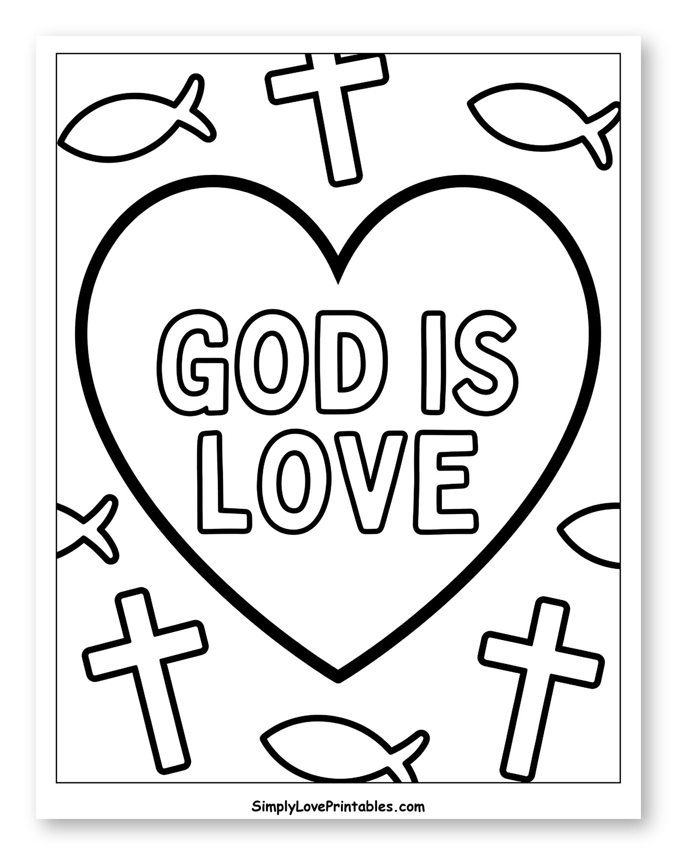 God Is Love Heart with Christian Symbols Coloring Page for Toddlers