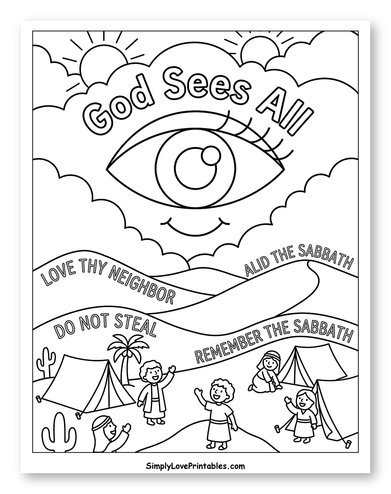 God S Eye Watching Over Desert to Color for Kids