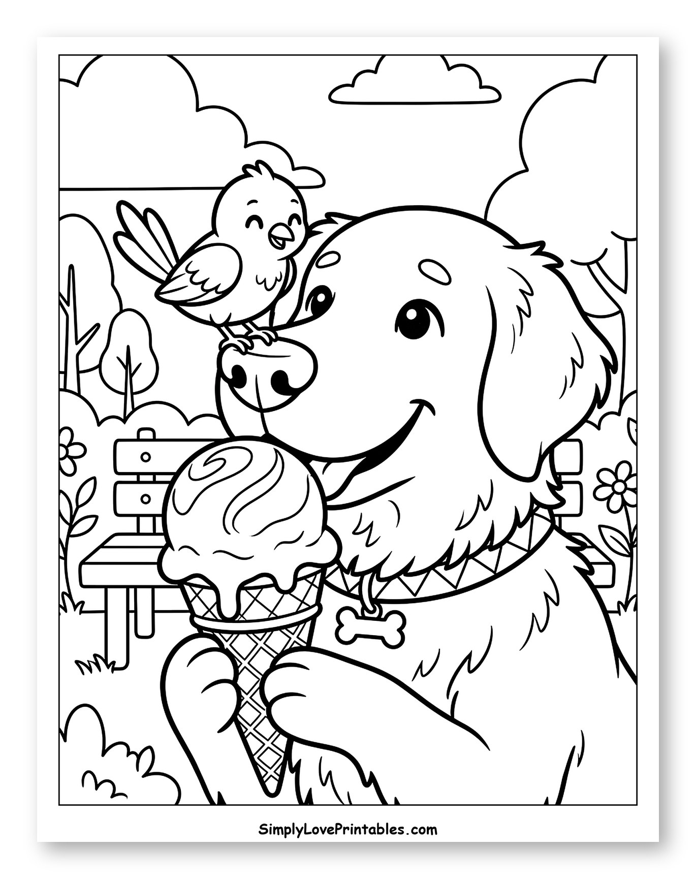Golden Retriever and Bird Share Ice Cream Coloring Sheet for Kids