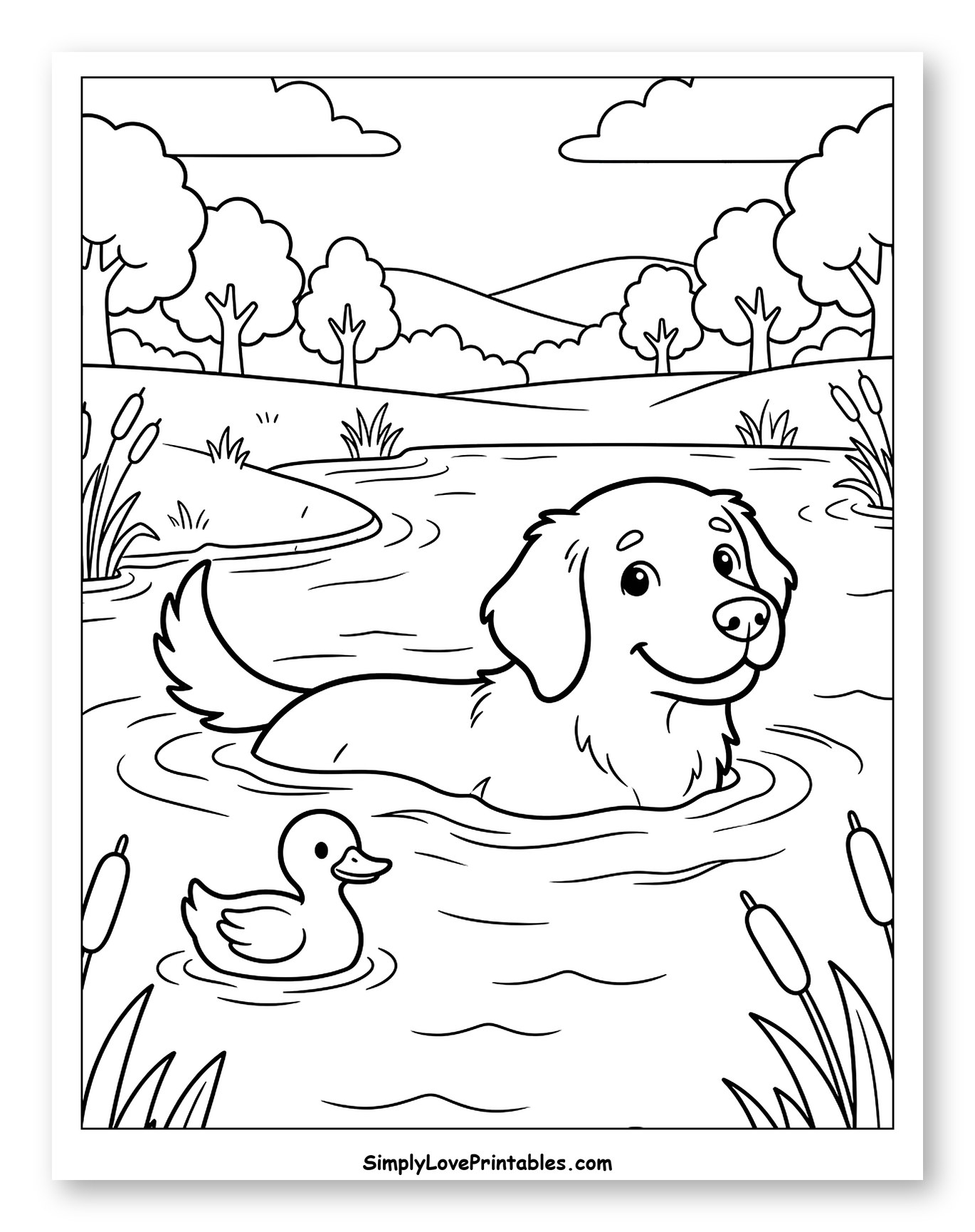 Golden Retriever and Duck Swimming in Pond Coloring Sheet for Kids