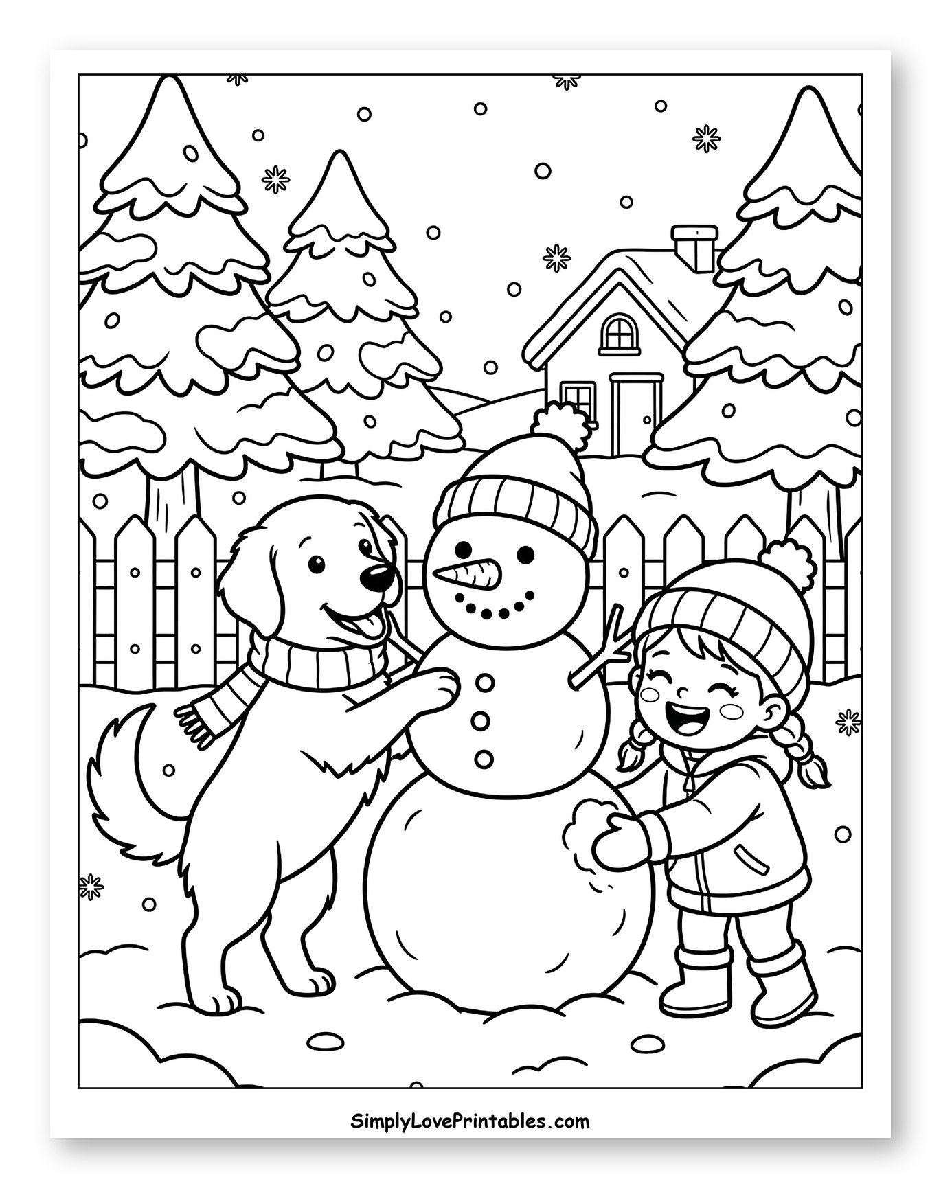 Golden Retriever and Girl Building Snowman Coloring Sheet for Kids