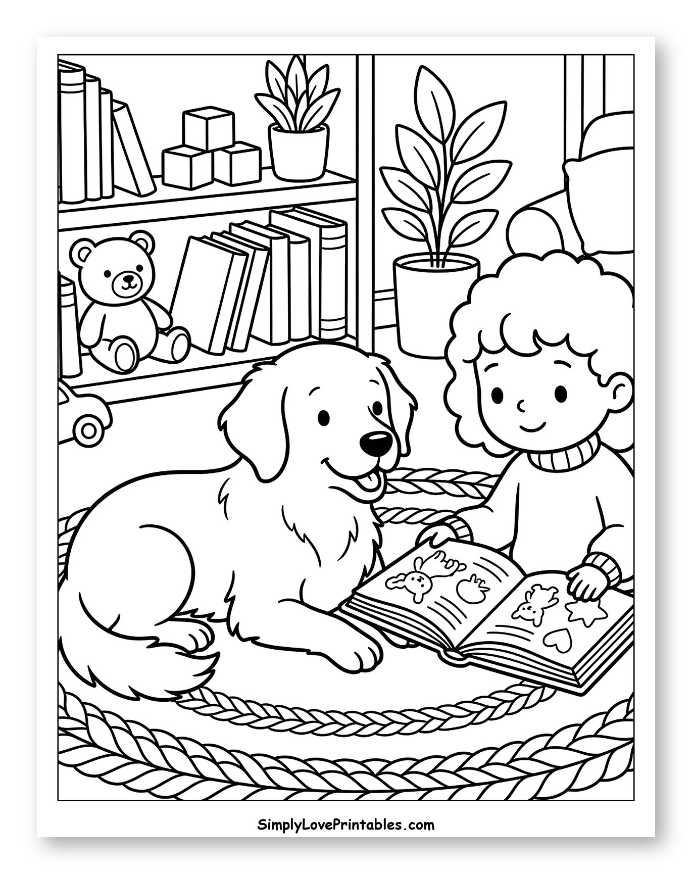 Golden Retriever and Girl Reading Book Coloring Page for Kids