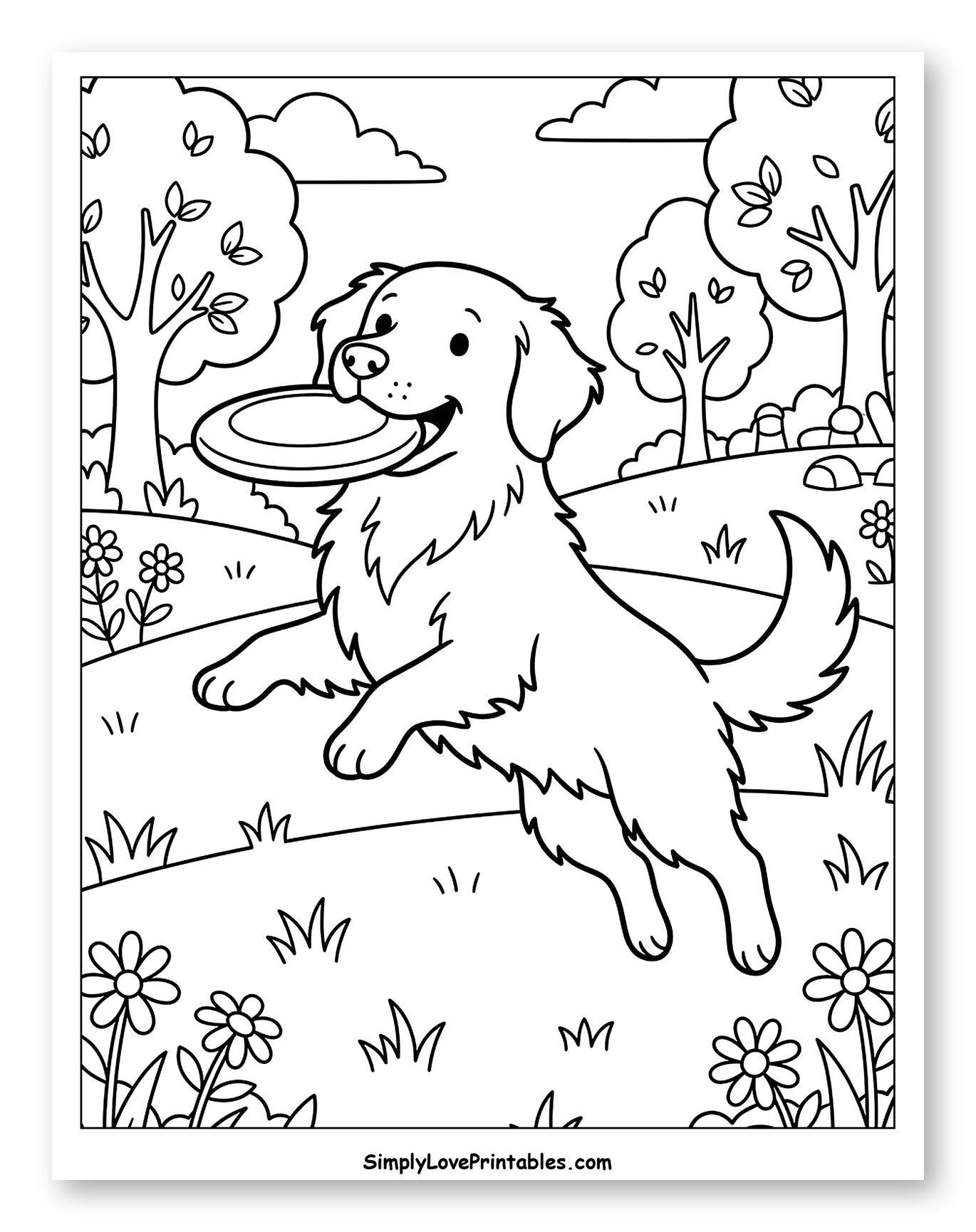 Golden Retriever Jumping with Frisbee in Park Coloring Page for Kids