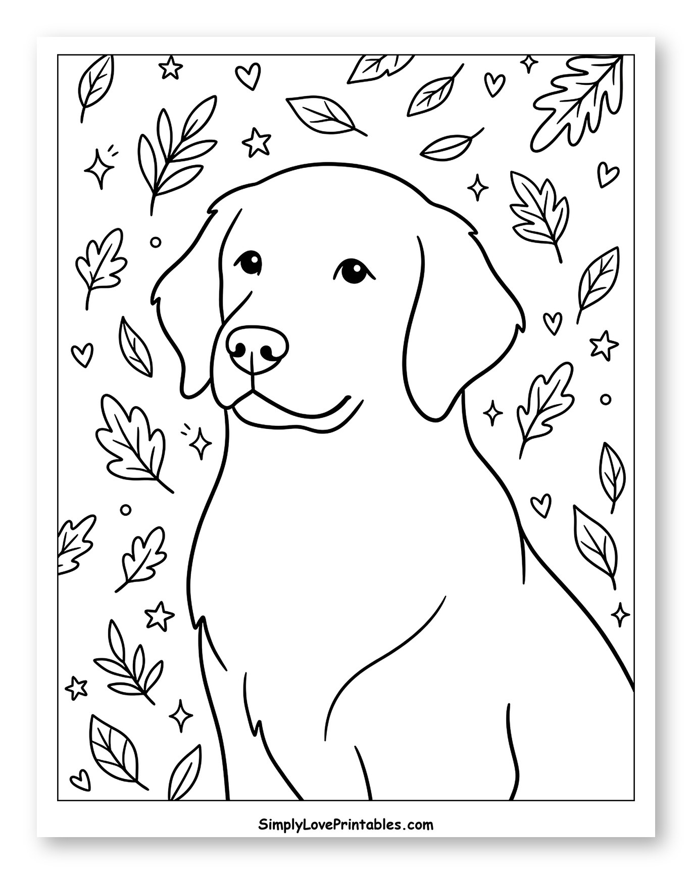 Golden Retriever Surrounded by Autumn Leaves Coloring Page for Adults