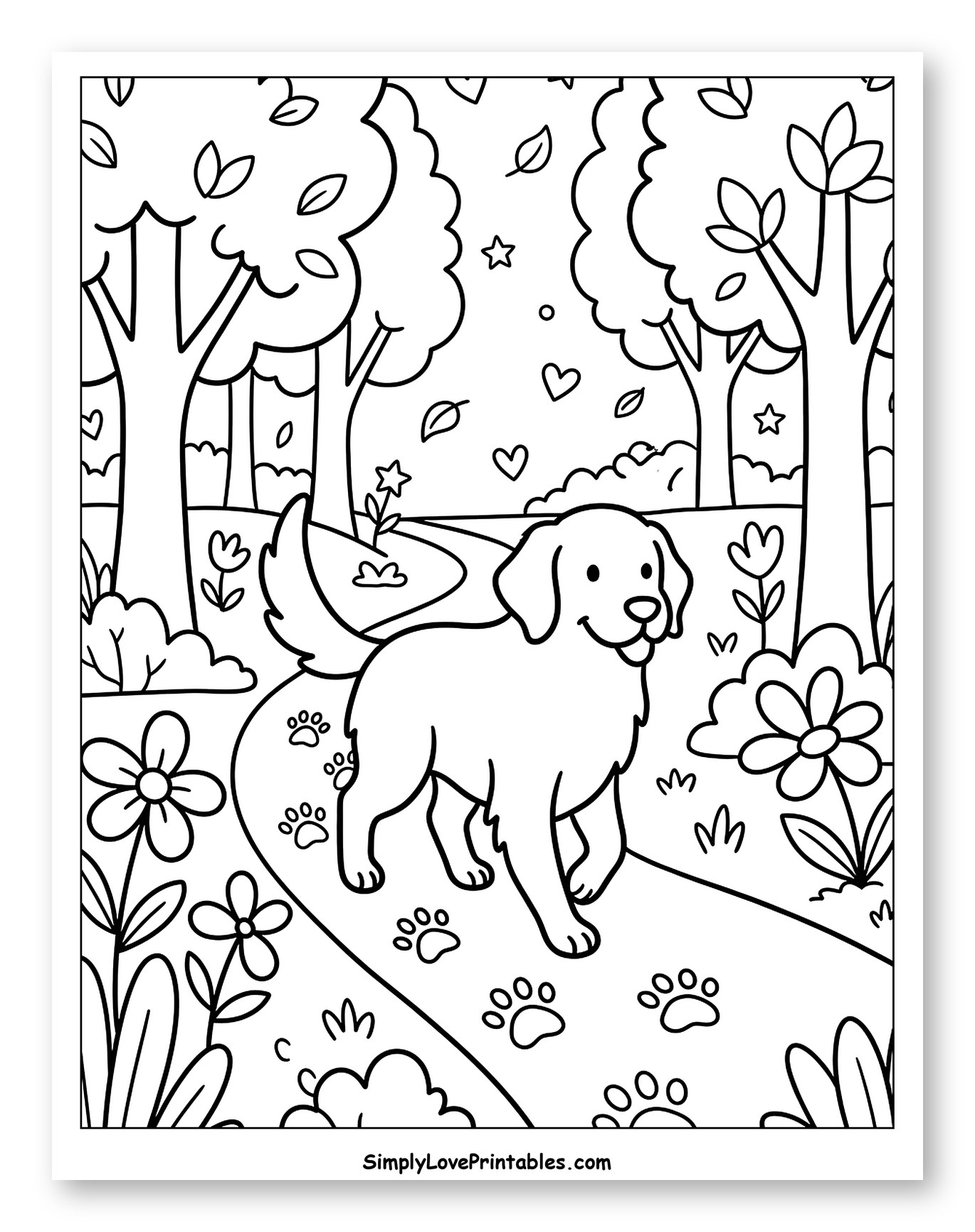 Golden Retriever Walking Among Trees and Flowers Coloring Page for Adults
