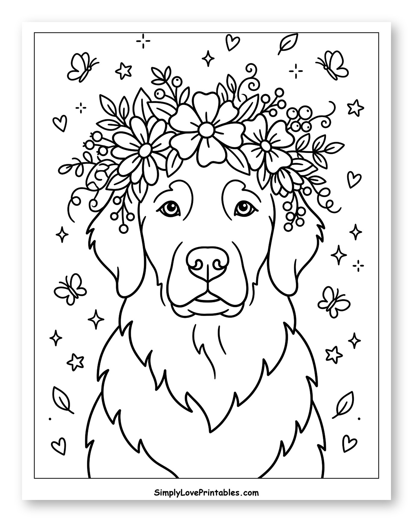Golden Retriever Wearing a Flower Crown with Butterflies to Color for Adults