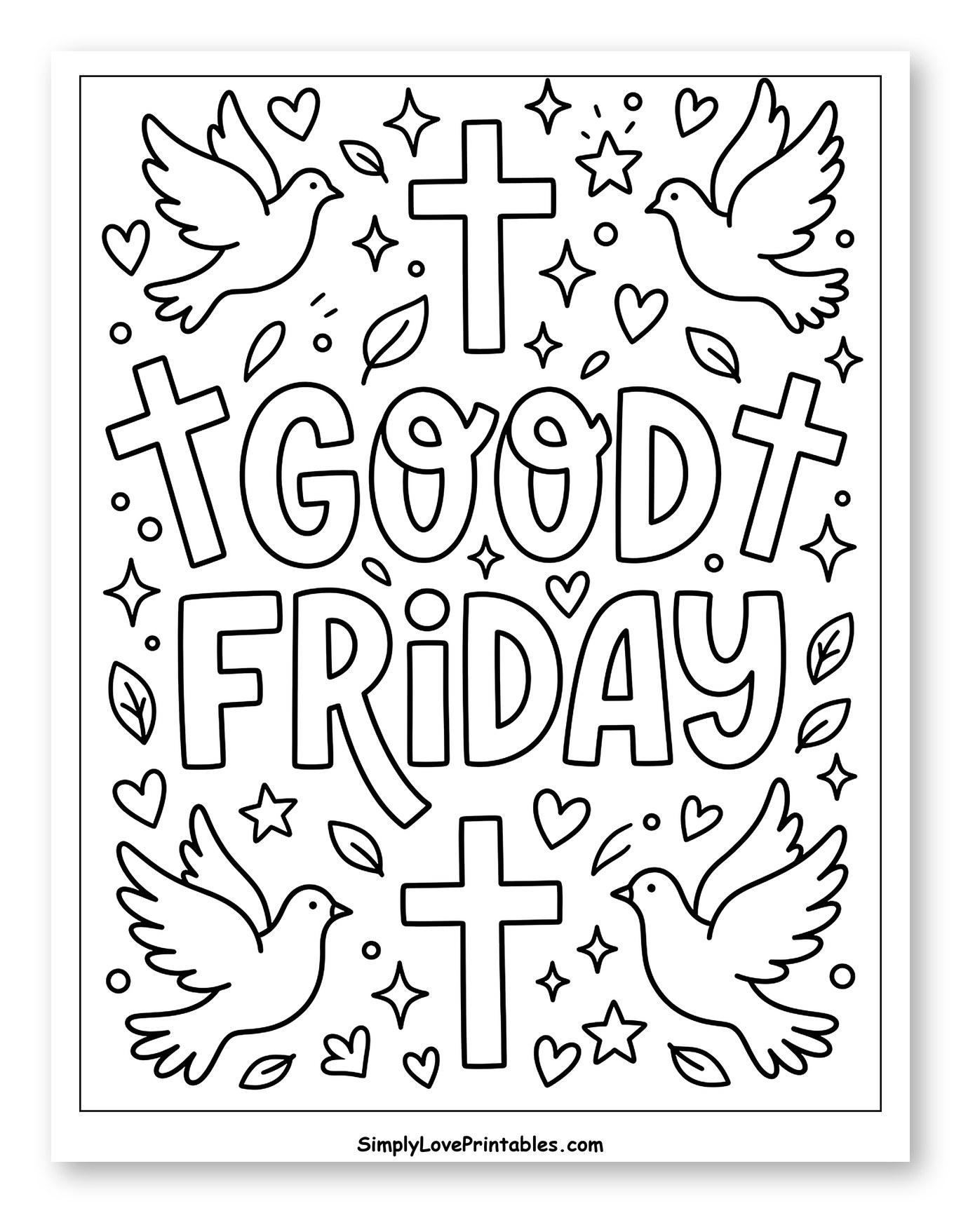 Good Friday with Doves, Crosses, and Hearts Coloring Sheet for Adults