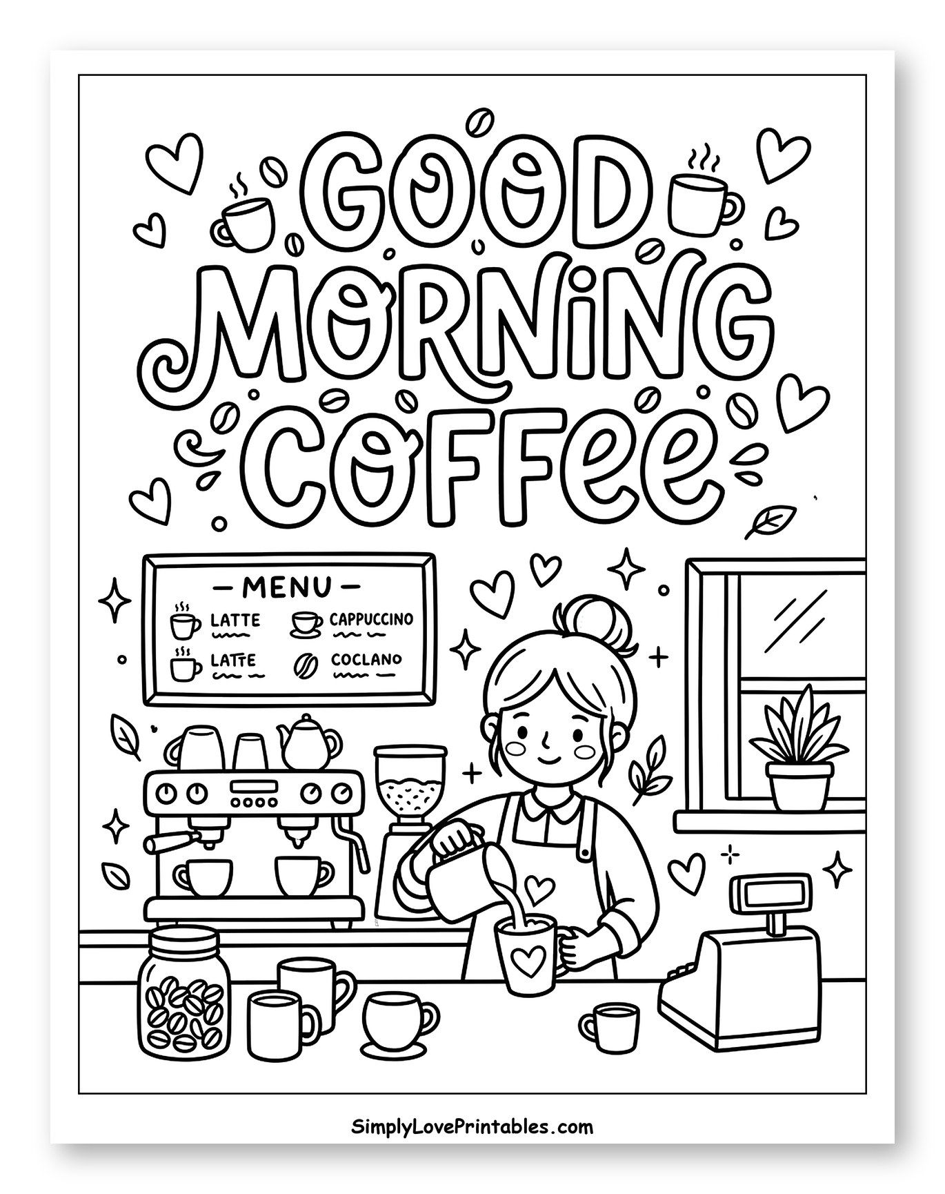Good Morning Coffee Shop Scene Coloring Page for Adults