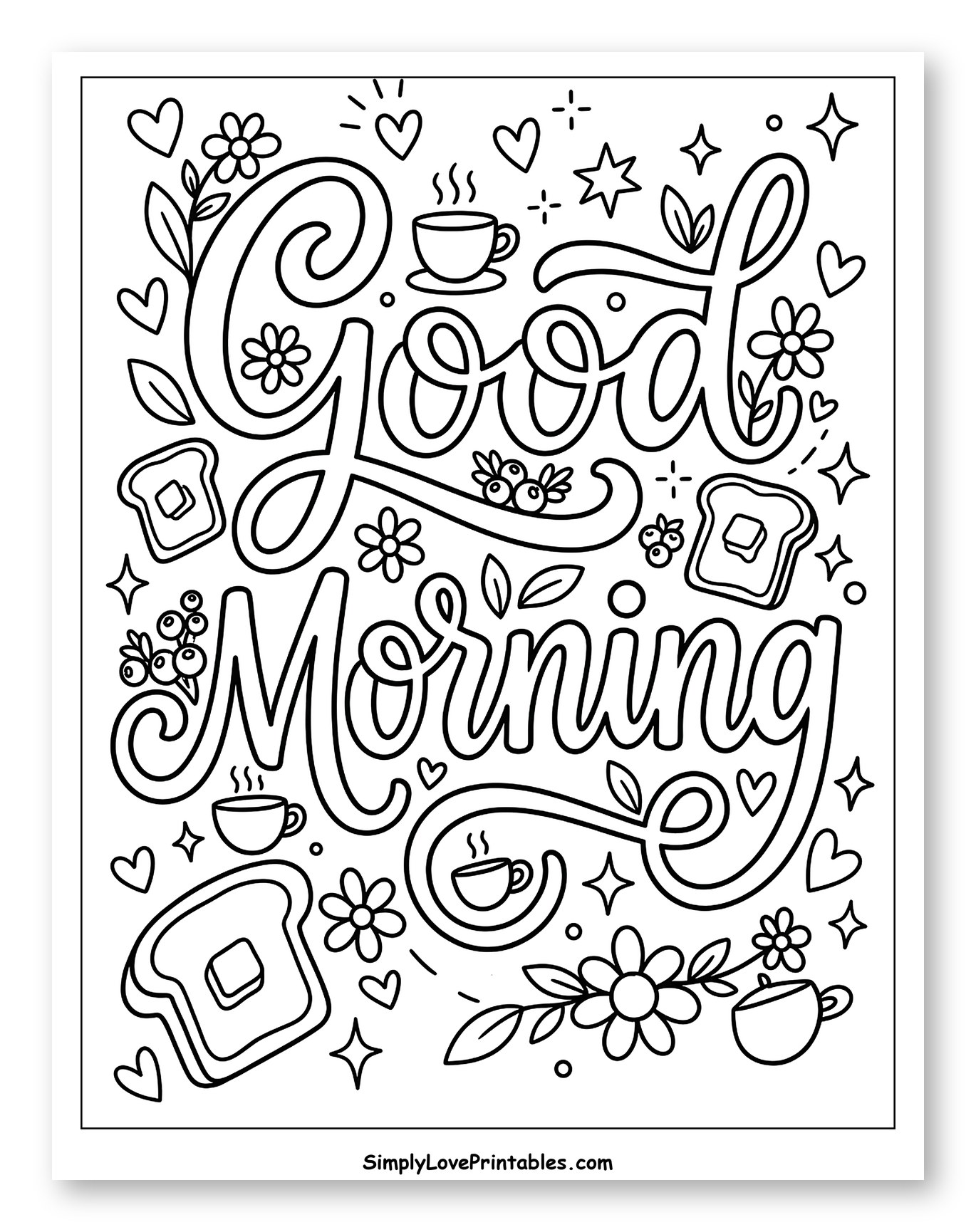 Good Morning With Coffee, Toast, and Flowers to Color for Adults