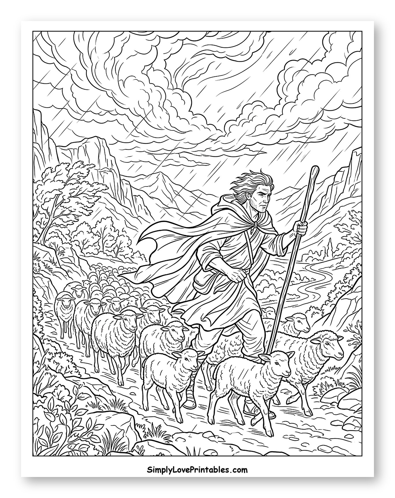 Good Shepherd Guiding His Flock Through Rain to Color