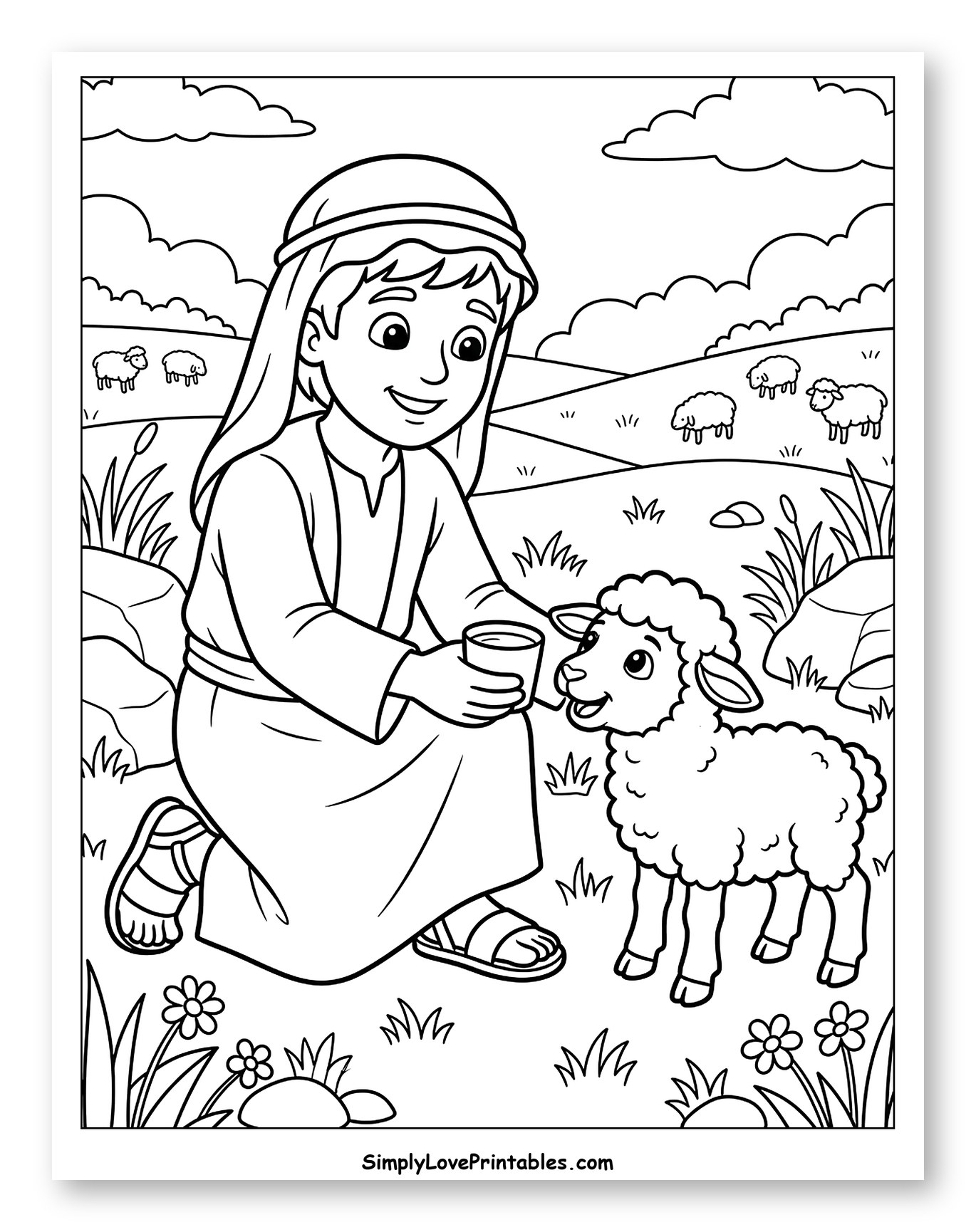 Good Shepherd Kneeling with Lamb to Color for Kids