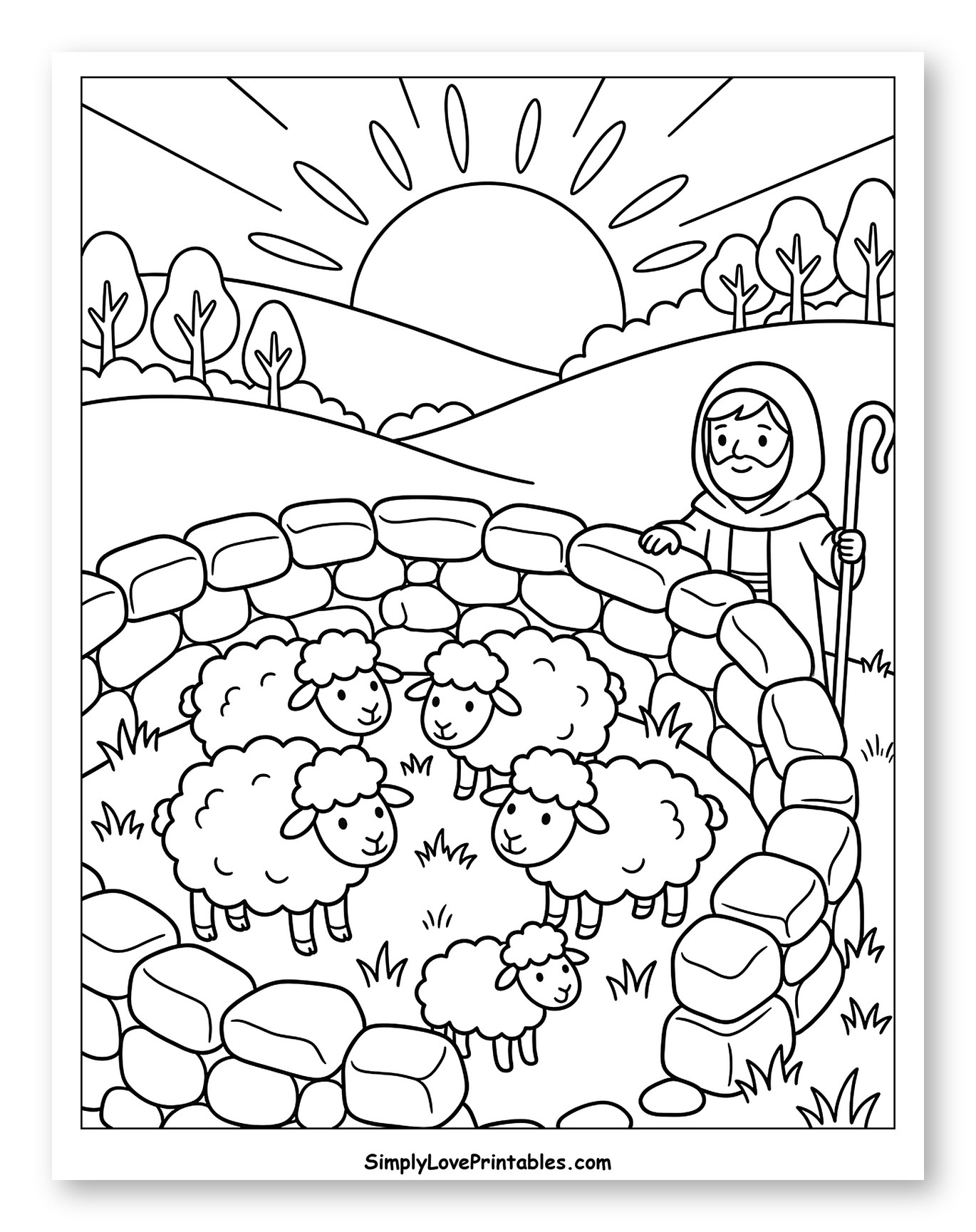 Good Shepherd Watching Over His Flock Coloring Sheet for Kids