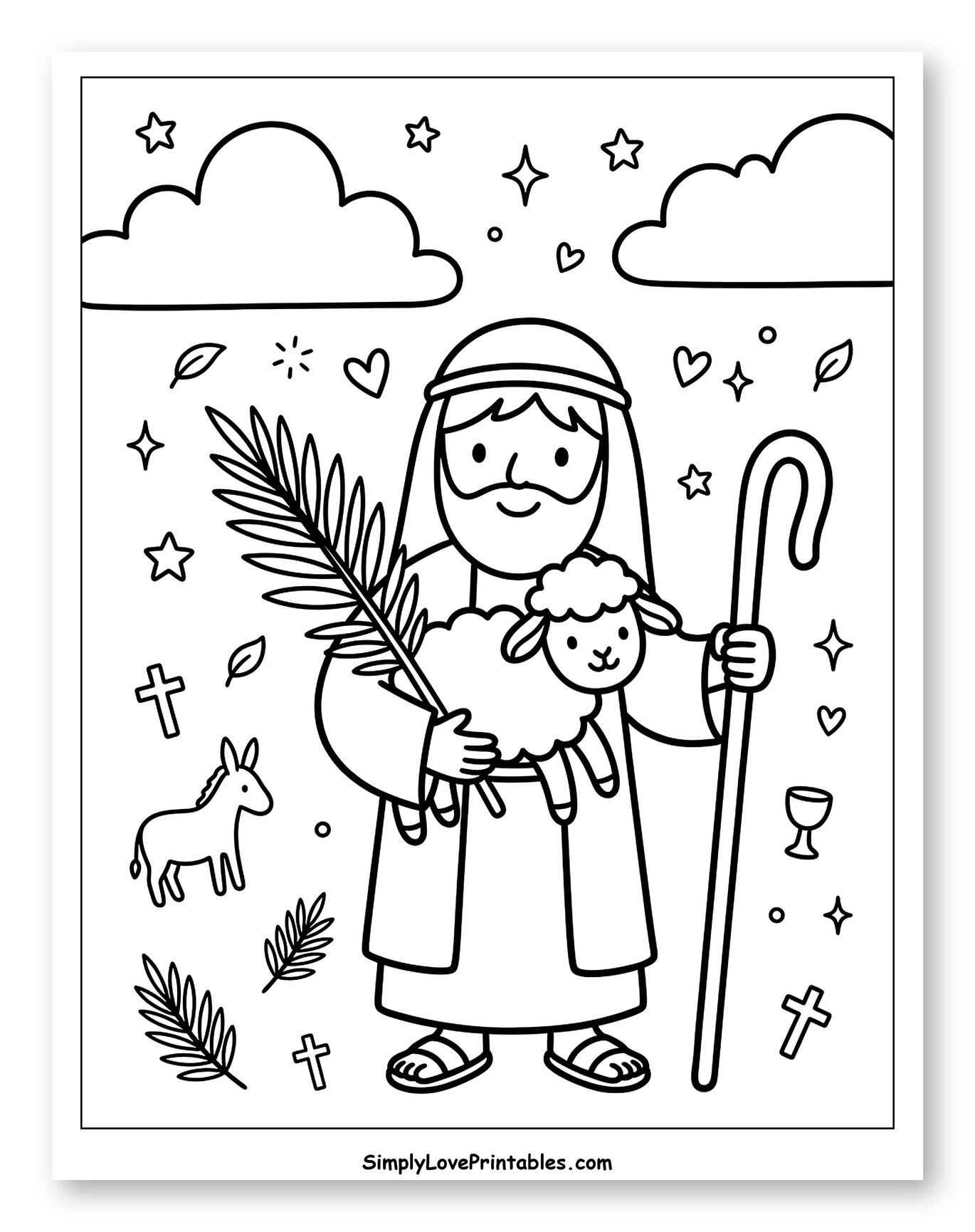 Good Shepherd with Lamb and Palm Branch Coloring Page for Adults