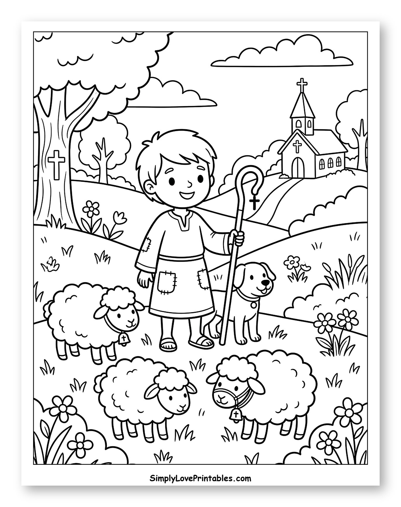 Good Shepherd with Sheep, Dog, and Church to Color for Kids