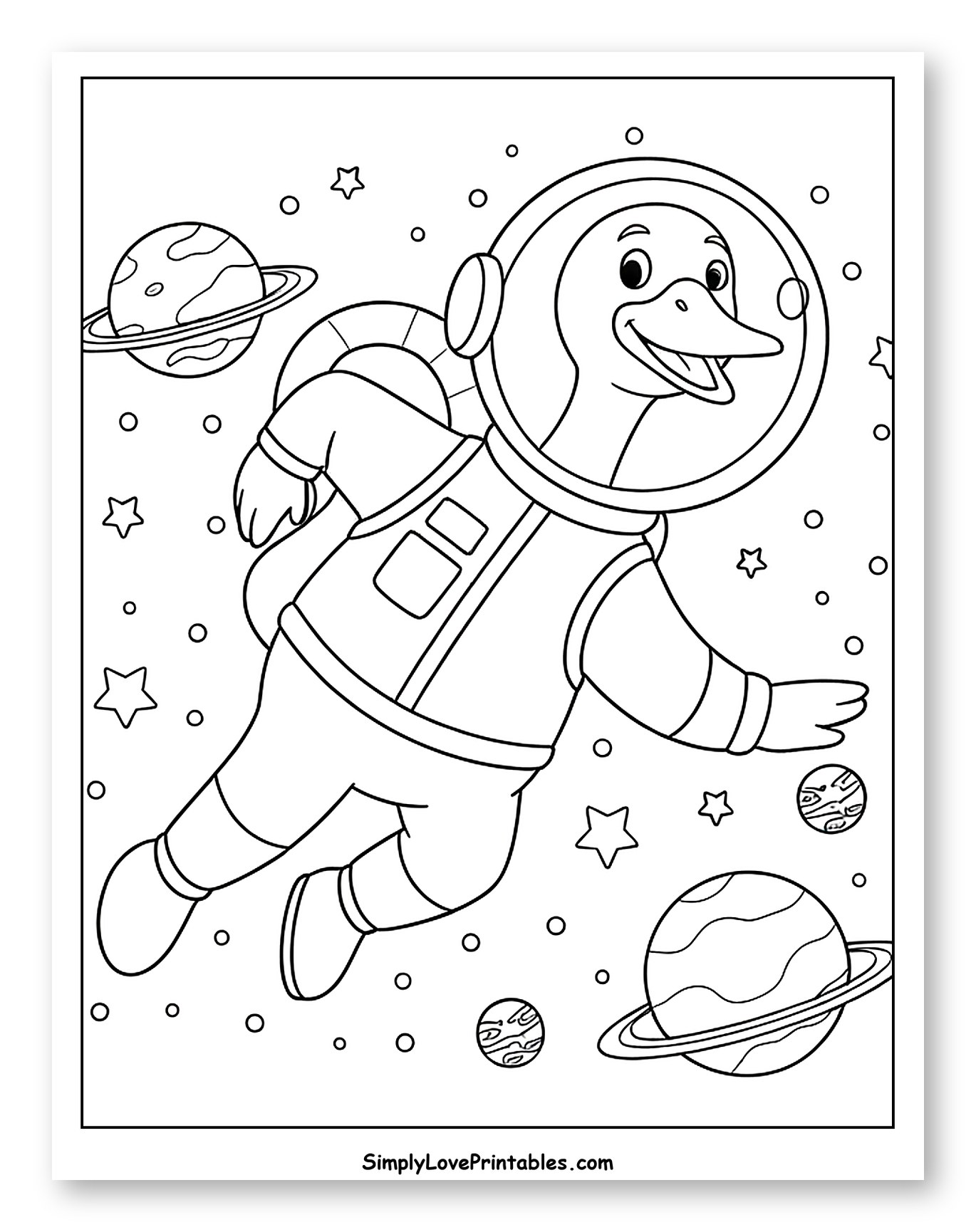 Goose Astronaut Floating Among Planets and Stars Coloring Sheet for Kids