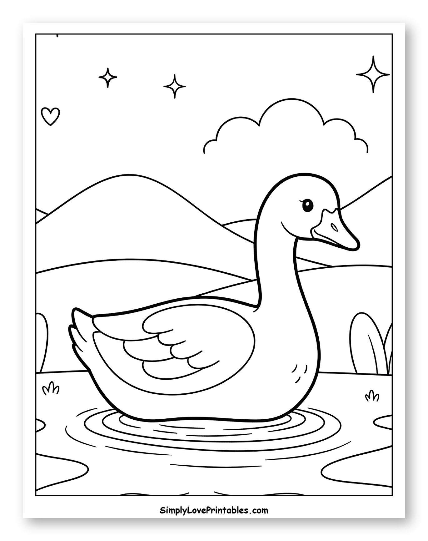 Goose on Pond with Hearts and Stars Coloring Sheet for Adults