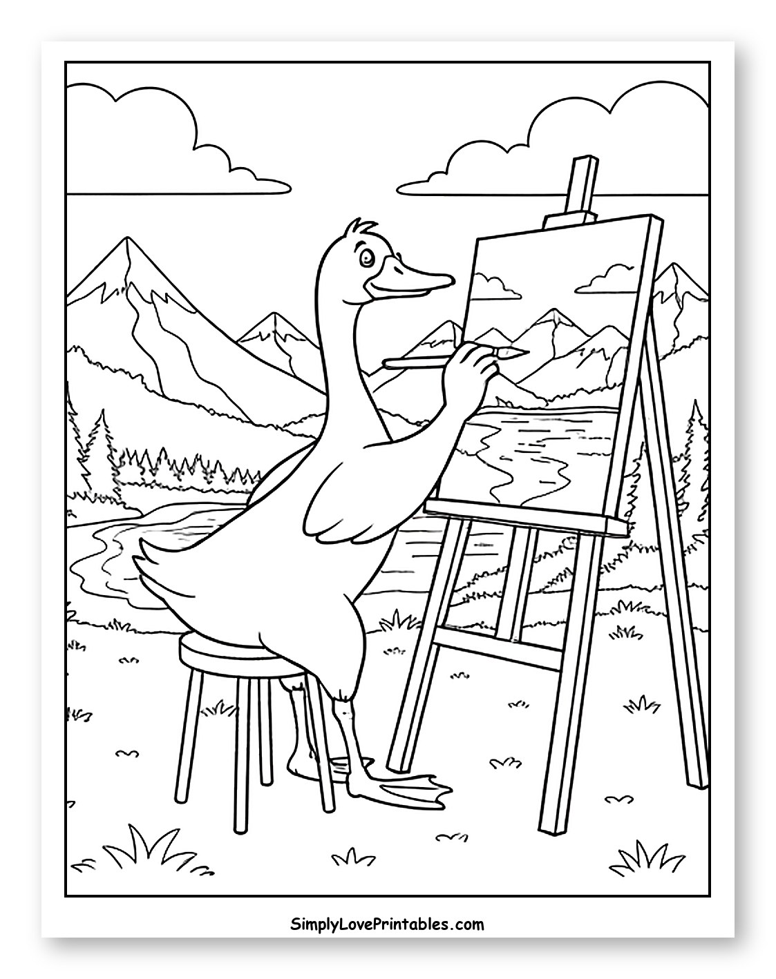 Goose Painting a Mountain Landscape Coloring Page for Kids
