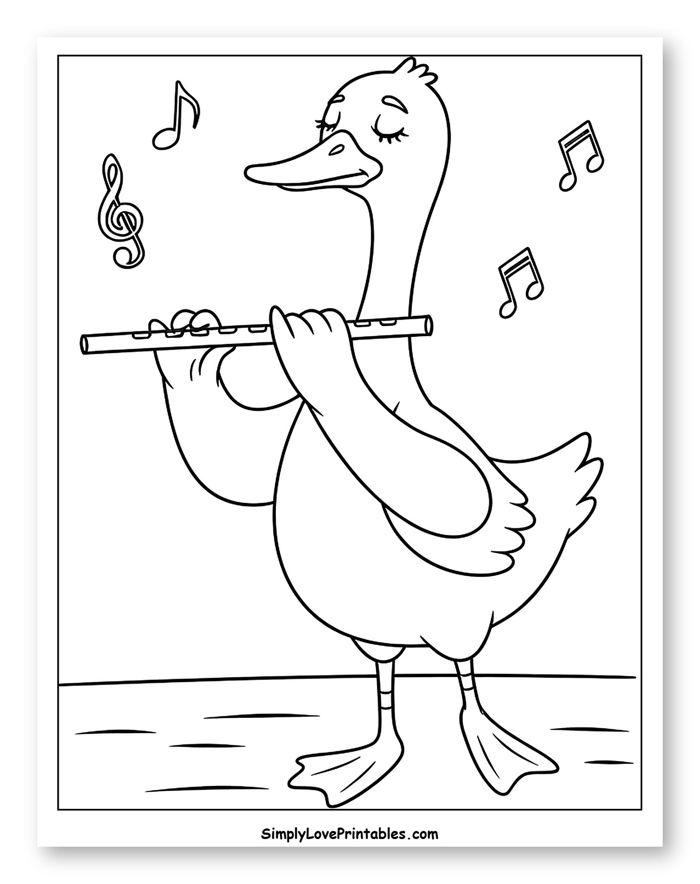 Goose Playing a Flute with Music Notes