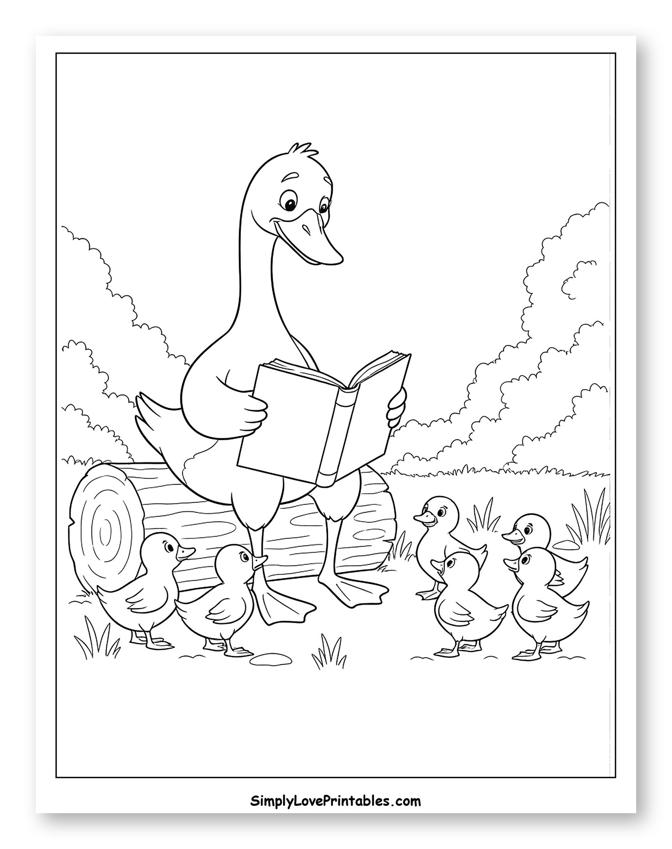 Goose Reading to Her Ducklings Coloring Sheet for Kids