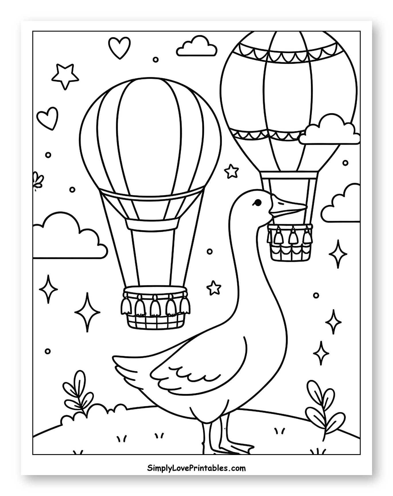 Goose with Hot Air Balloons and Sky Elements Coloring Page for Adults