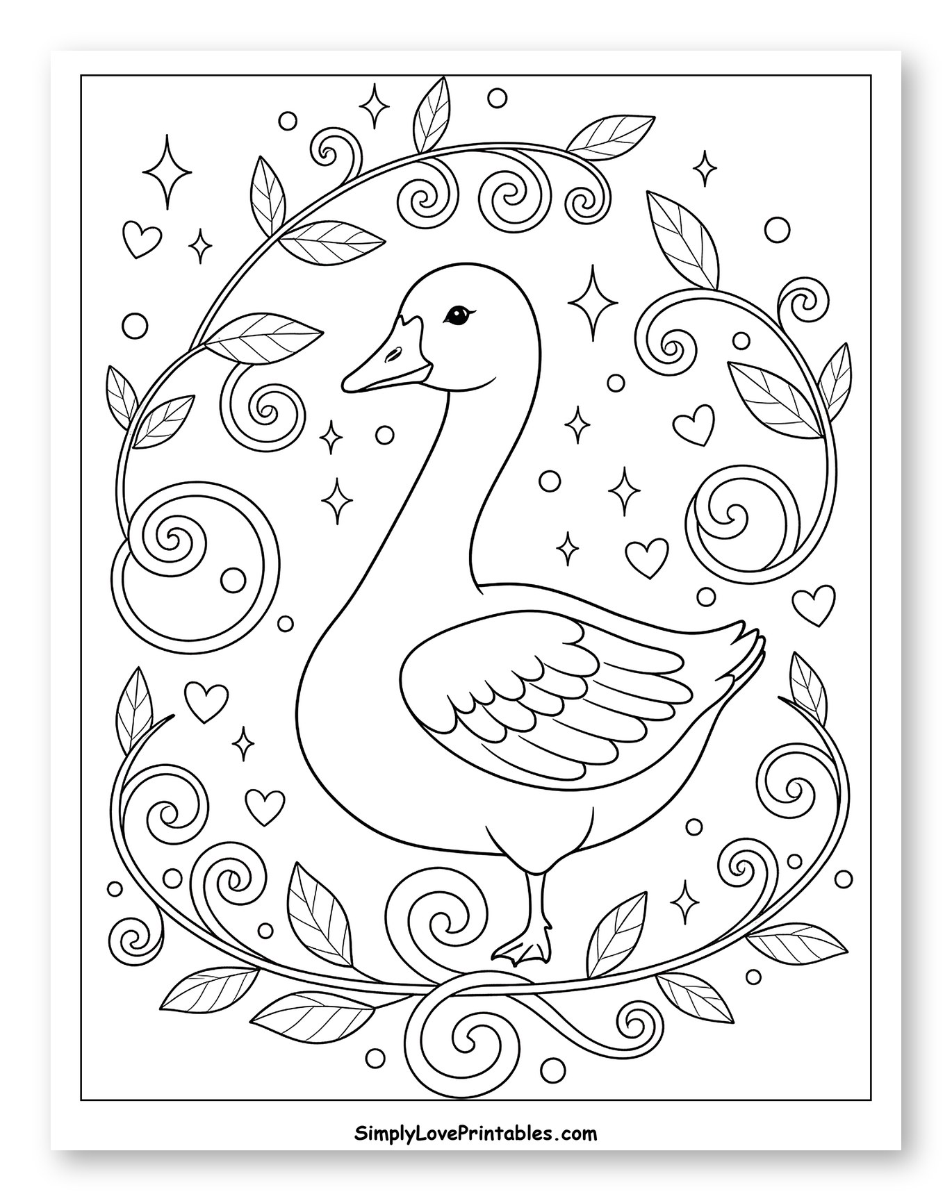 Goose with Swirling Vines, Hearts, and Stars Coloring Sheet for Adults