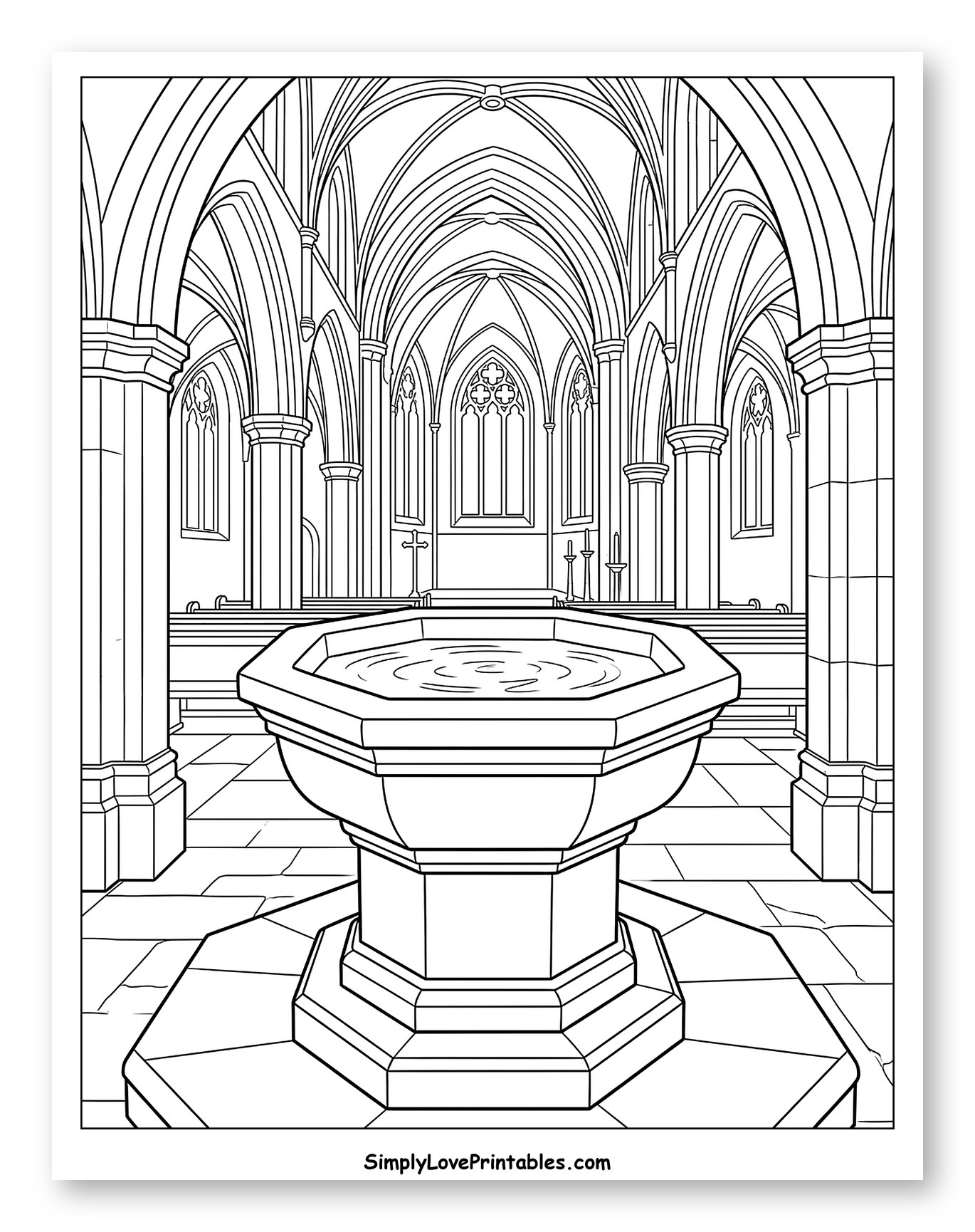 Gothic Church Interior with Baptismal Font to Color