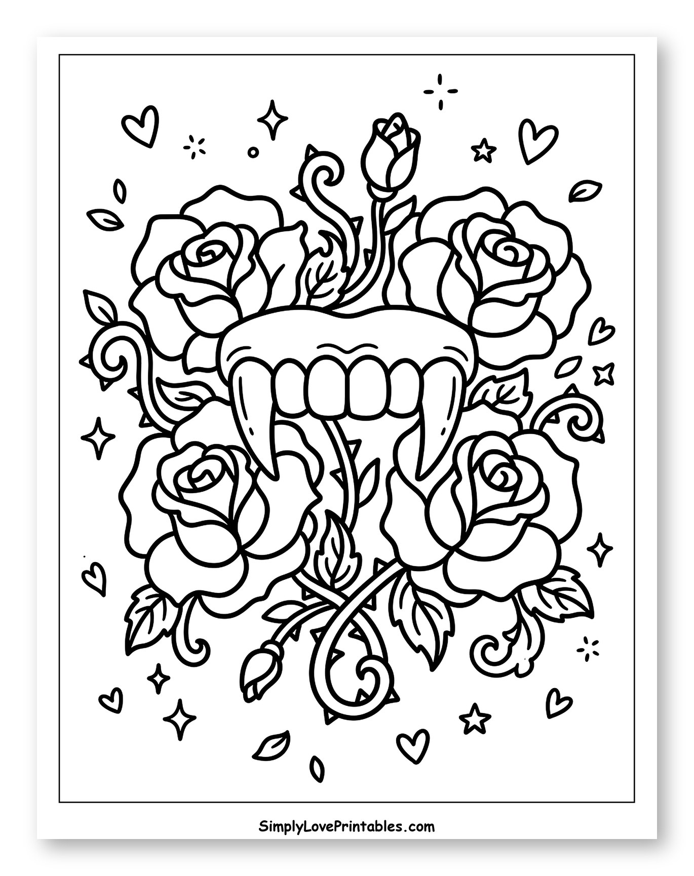 Gothic Vampire Fangs with Romantic Roses to Color for Adults