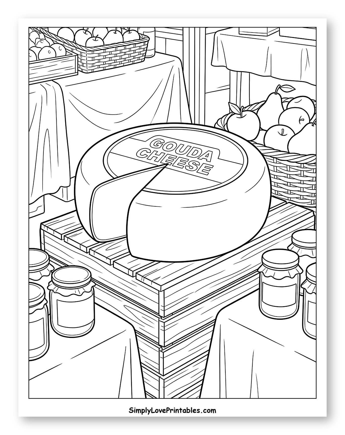 Gouda Cheese Wheel at Market Stall Coloring Sheet