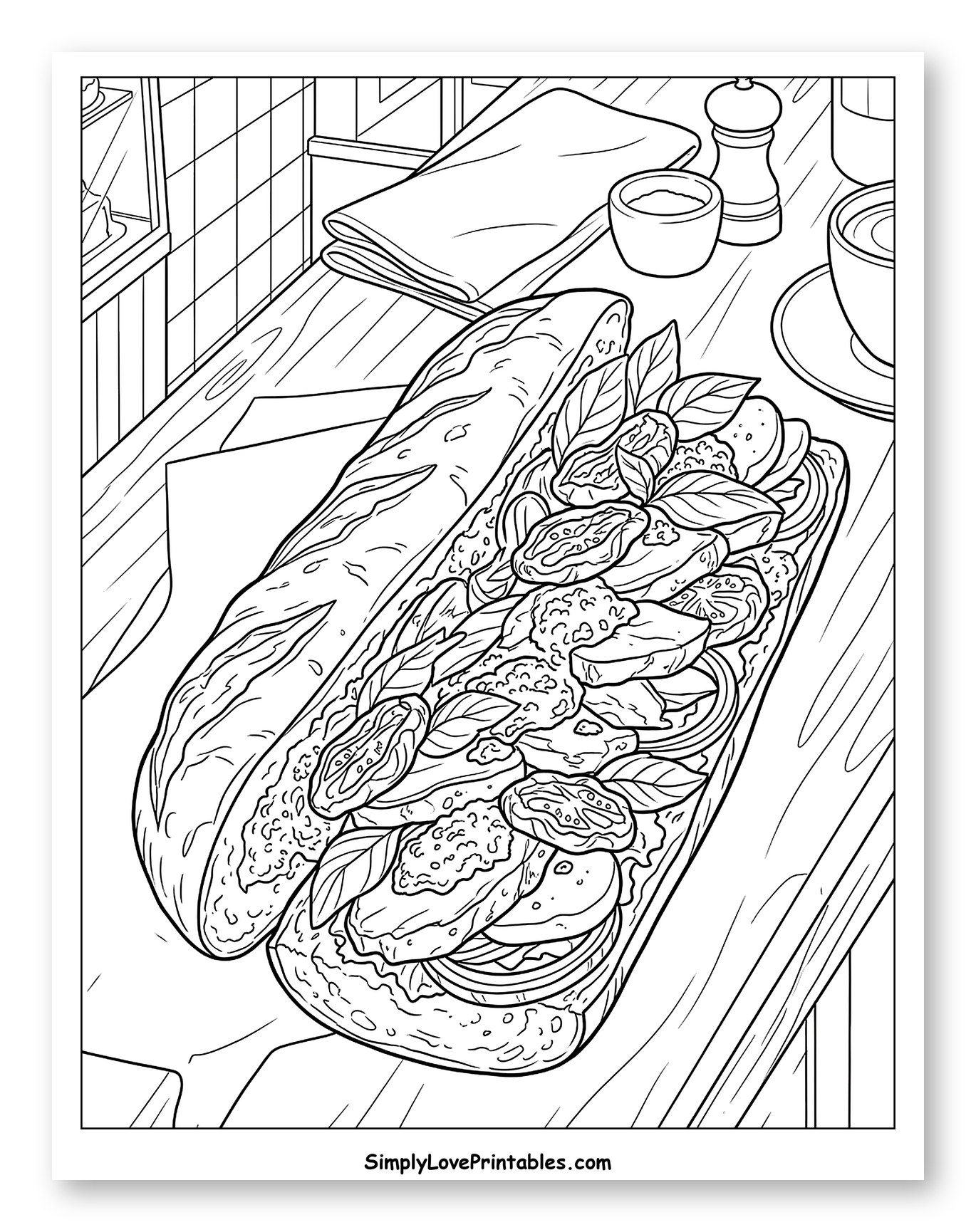 Gourmet Sandwich on a Wooden Counter Coloring Sheet