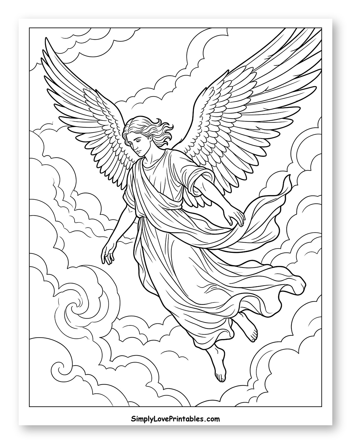 Graceful Angel Soaring Among Clouds