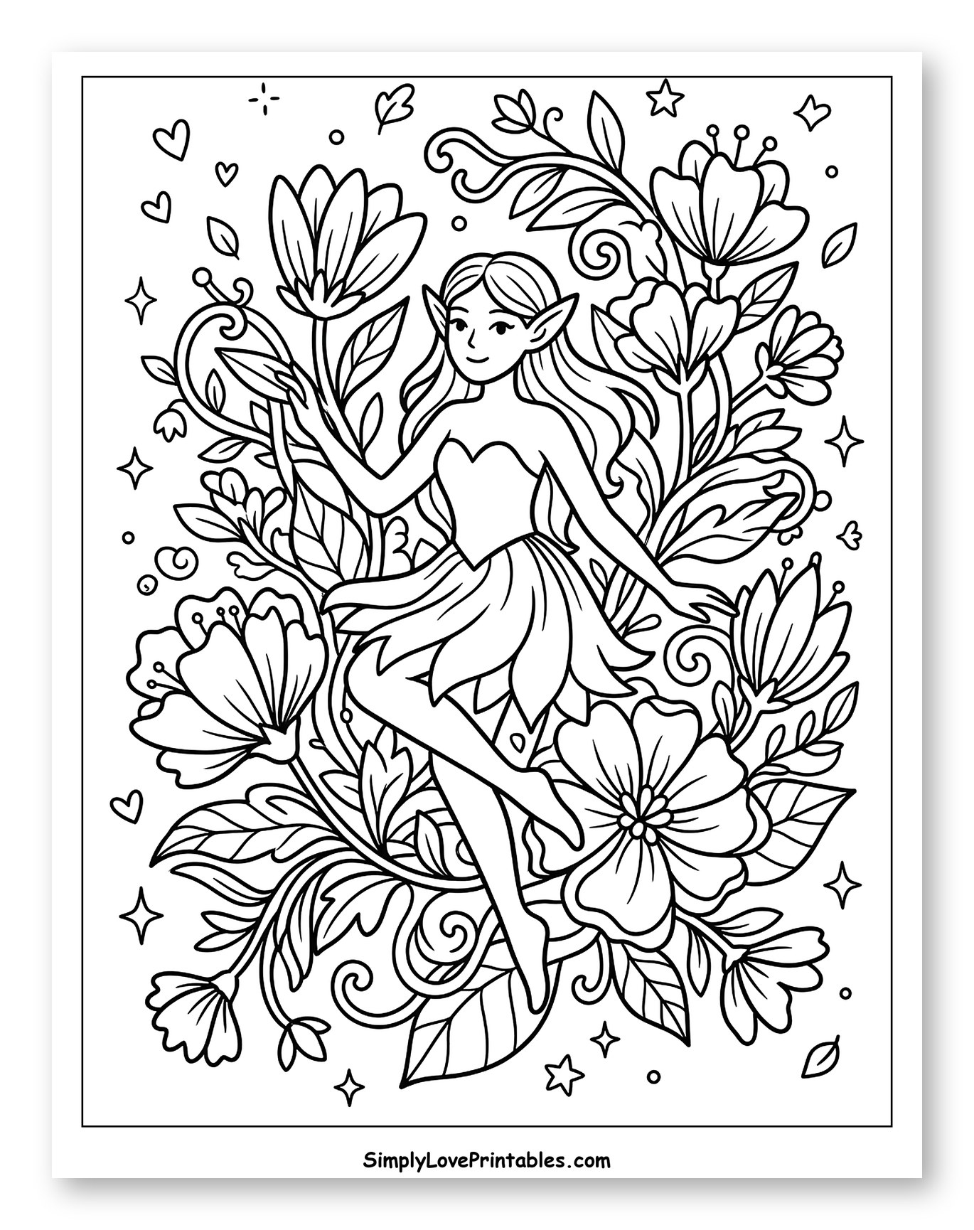 Graceful Elf Dancing Among Flowers and Leaves Coloring Page for Adults