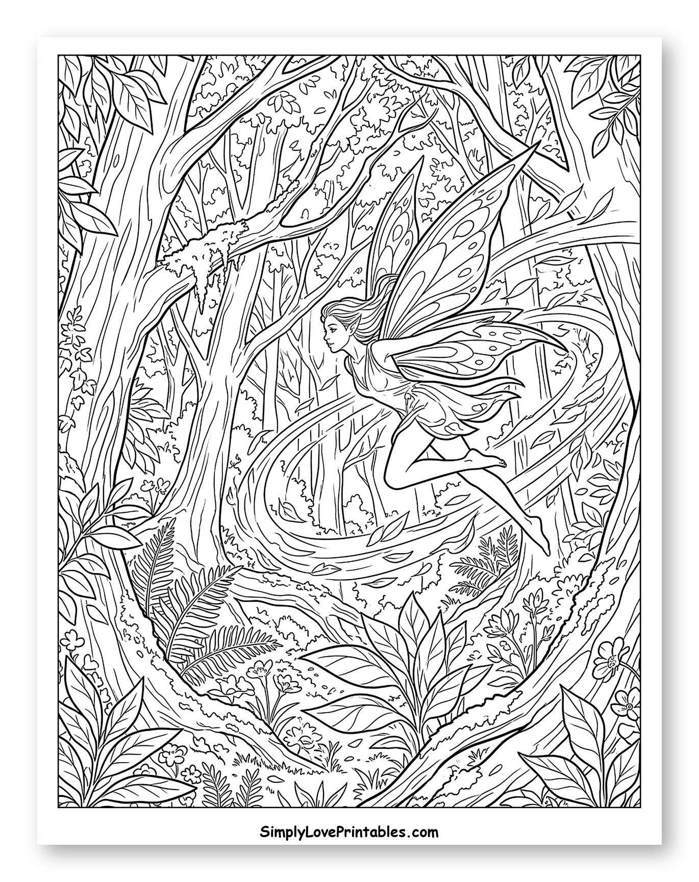 Graceful Fairy Flying Through Enchanted Forest to Color