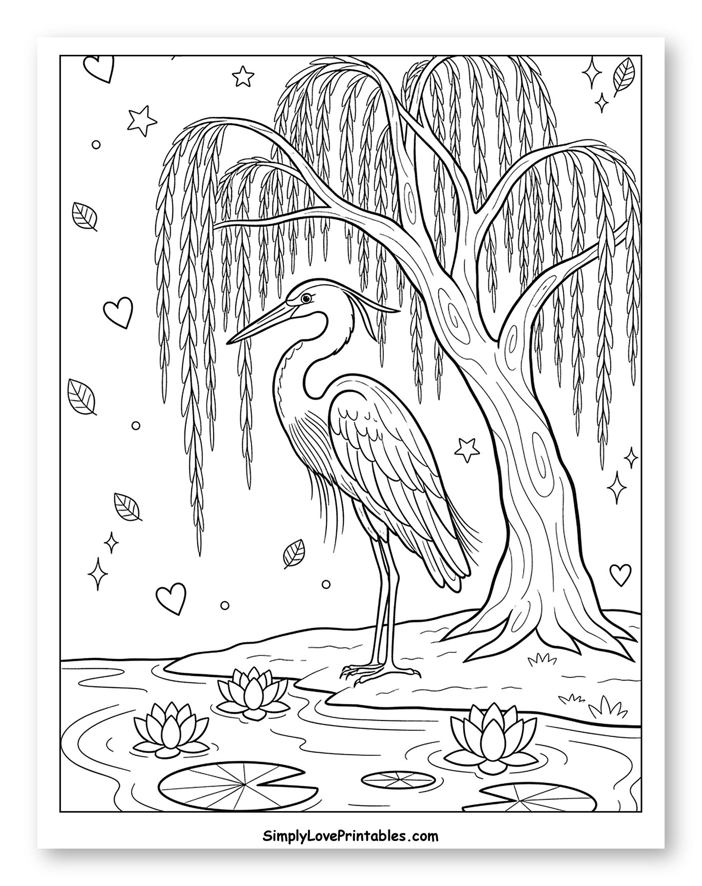 Graceful Heron by Willow Tree and Water Lilies to Color for Adults