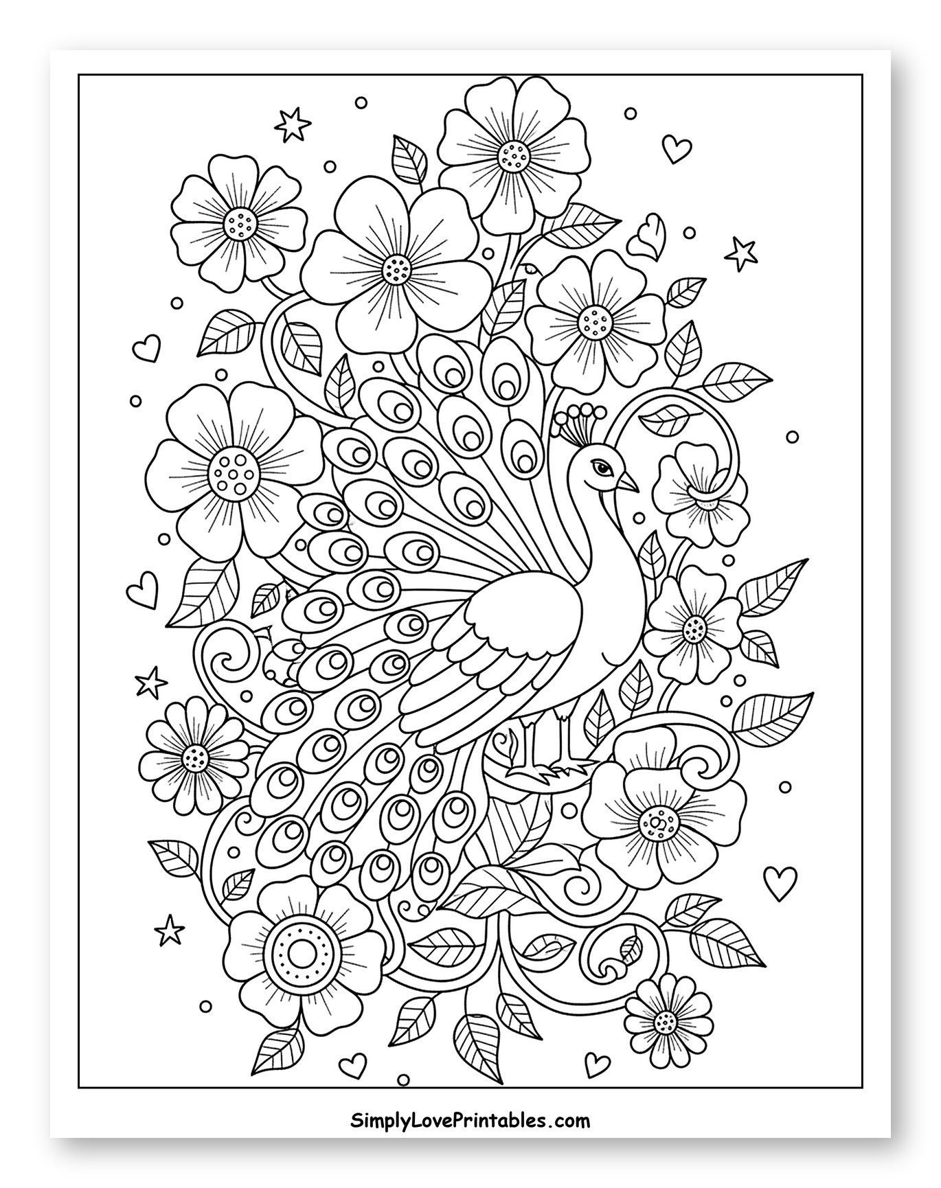 Graceful Peacock with Flowers and Swirling Vines
