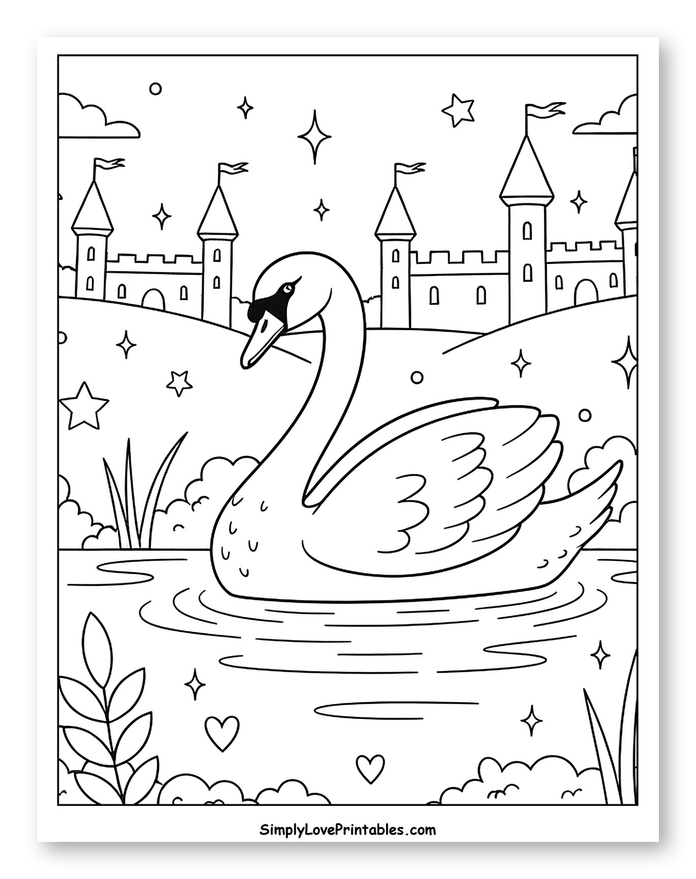 Graceful Swan by a Fairytale Castle Pond to Color for Adults