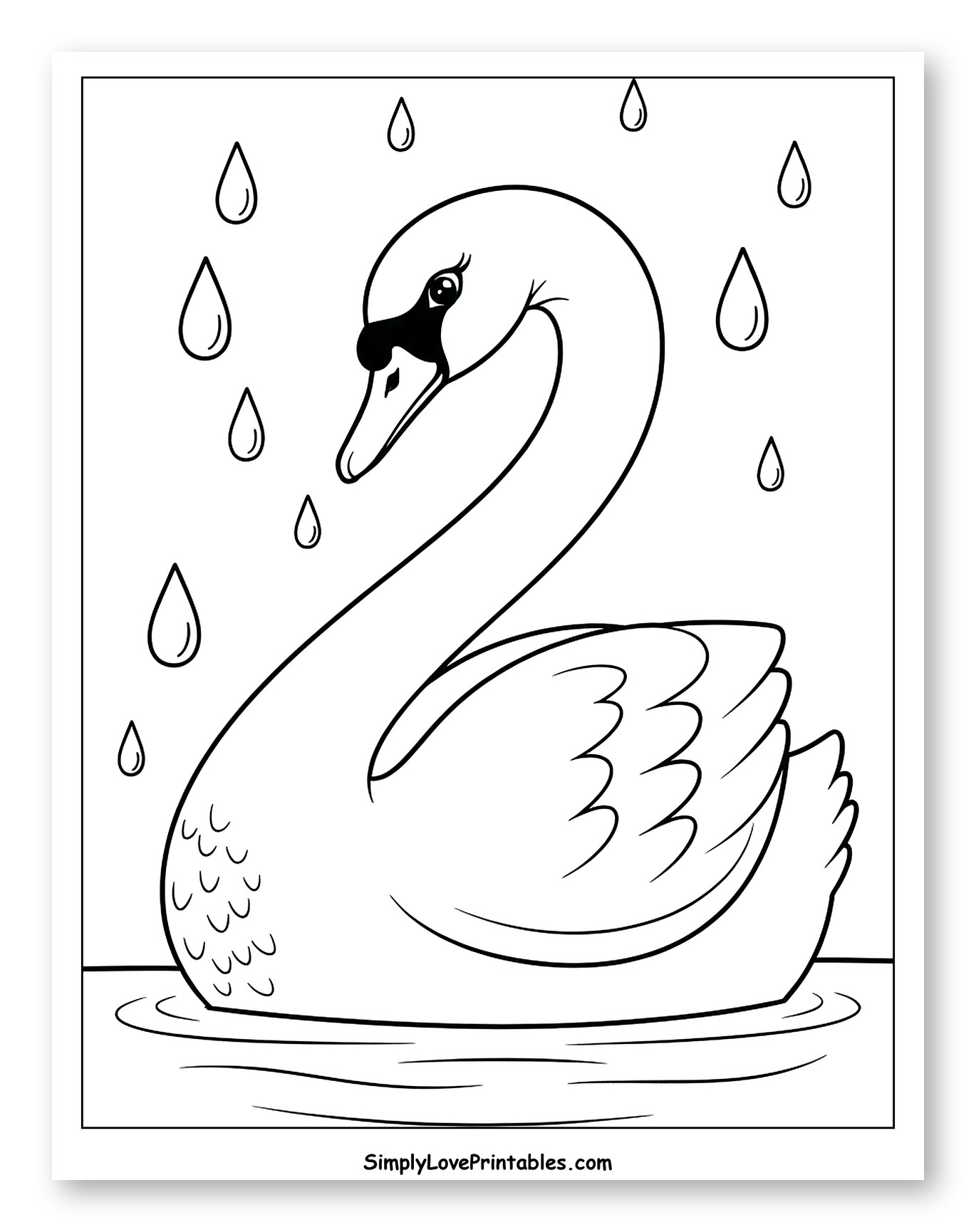 Graceful Swan in Water with Raindrops Coloring Page for Toddlers